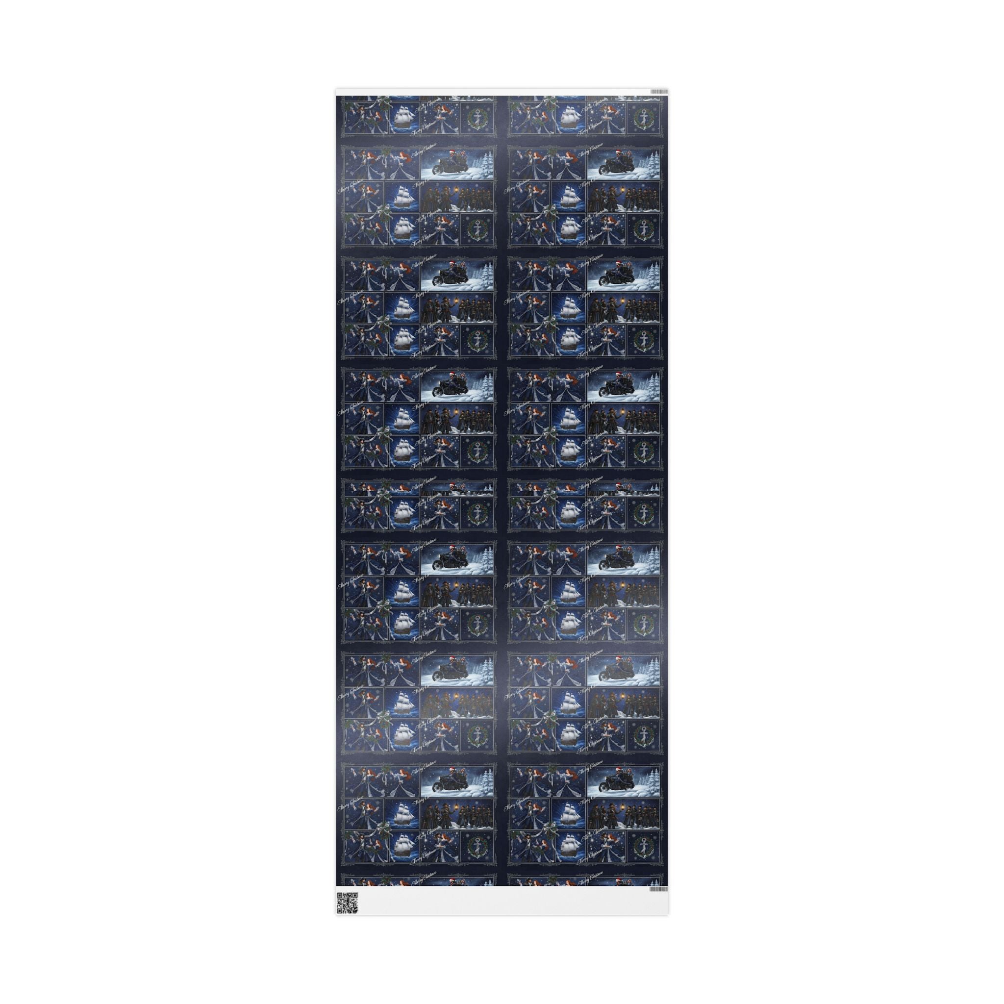 Wrapping Paper - Festive Navy Holiday Scene Gift Wrap (Snow, Sleigh, Night Sky)