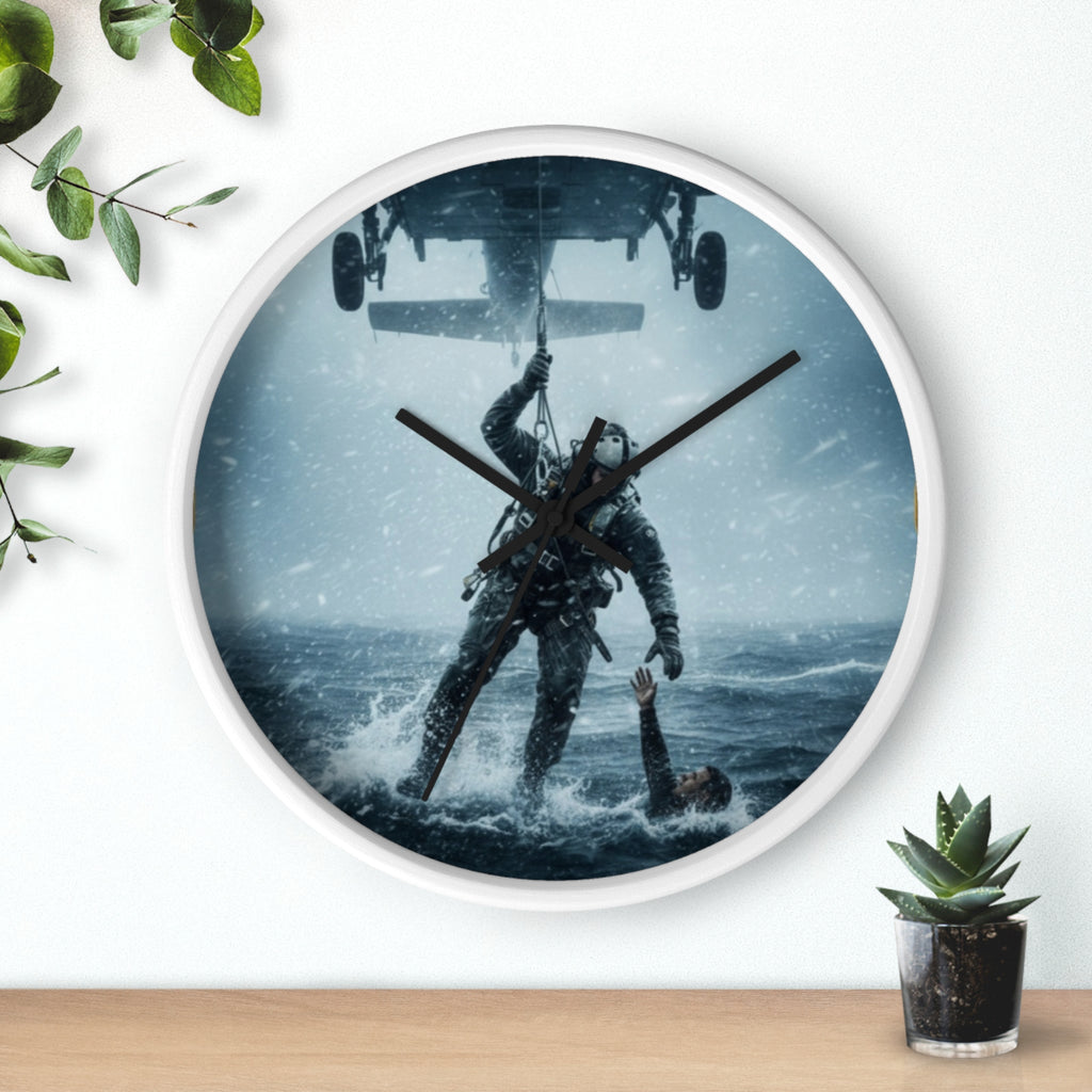 Rescue at Sea Wall Clock — Military Helicopter Lifesaver Marine Rescue Clock