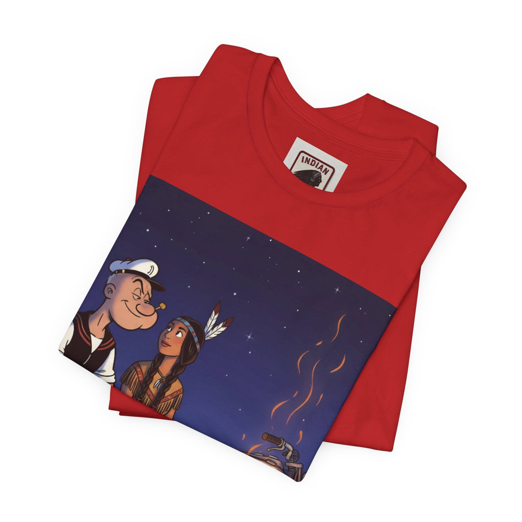 Popeye & Olive Adventure Tee — Vintage Motorcycle Campfire Graphic T-Shirt