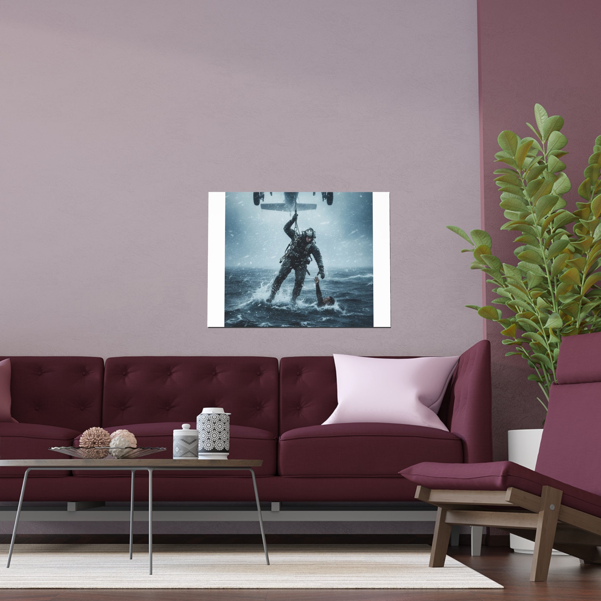Rescue Diver Silk Poster – Dramatic Sea & Helicopter Wall Art (Indoor/Outdoor)