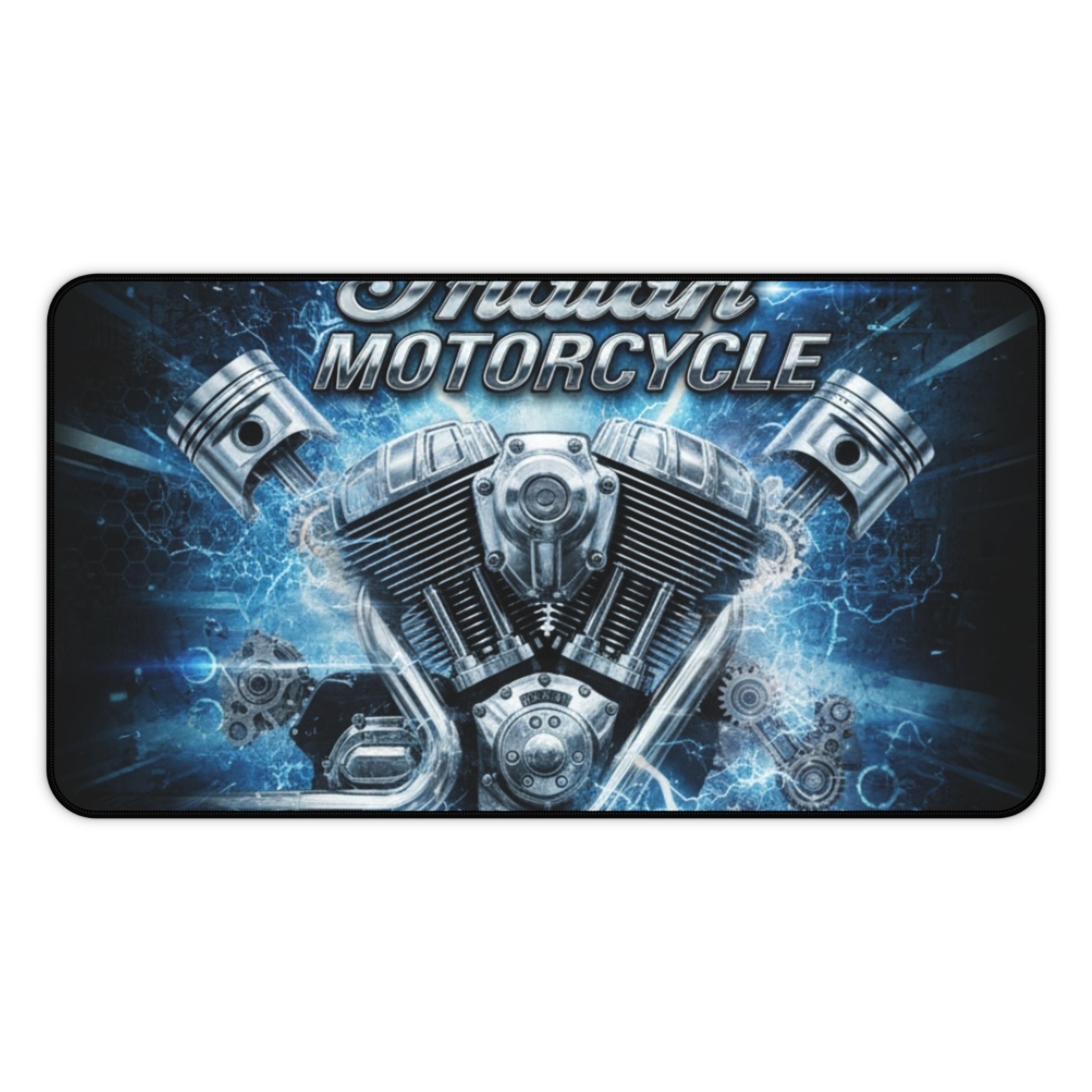 Indian Motorcycle Engine Desk Mat — Blue V-Twin Motor Graphic Mouse Pad