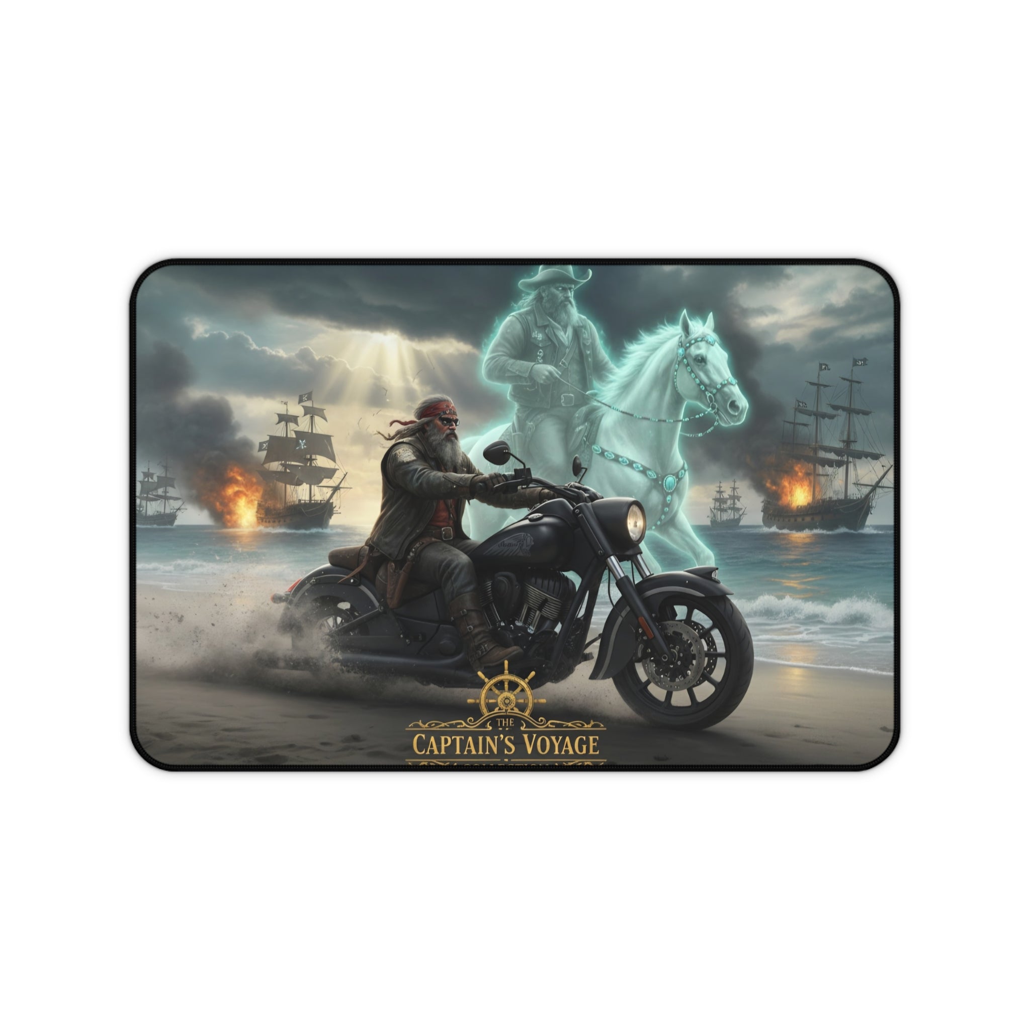 Pirate Captain's Voyage Desk Mat — Ghostly Horse & Motorcycle Seafaring Mouse Pad