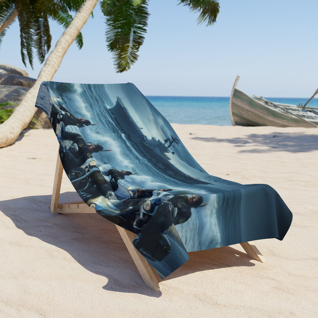 Beach Towel — Navy Carrier & Motorcycle Riders Ocean Scene
