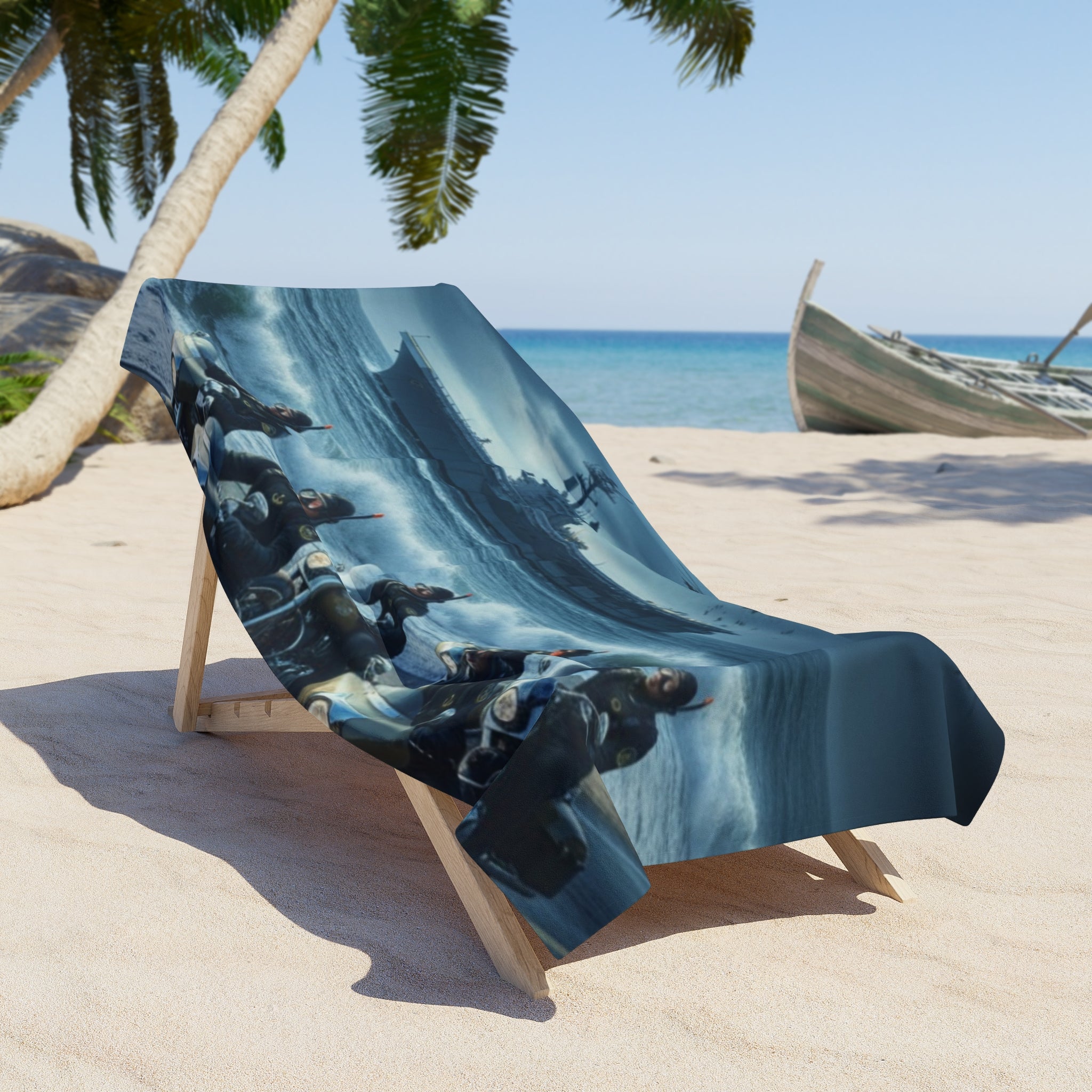 Beach Towel — Navy Carrier & Motorcycle Riders Ocean Scene