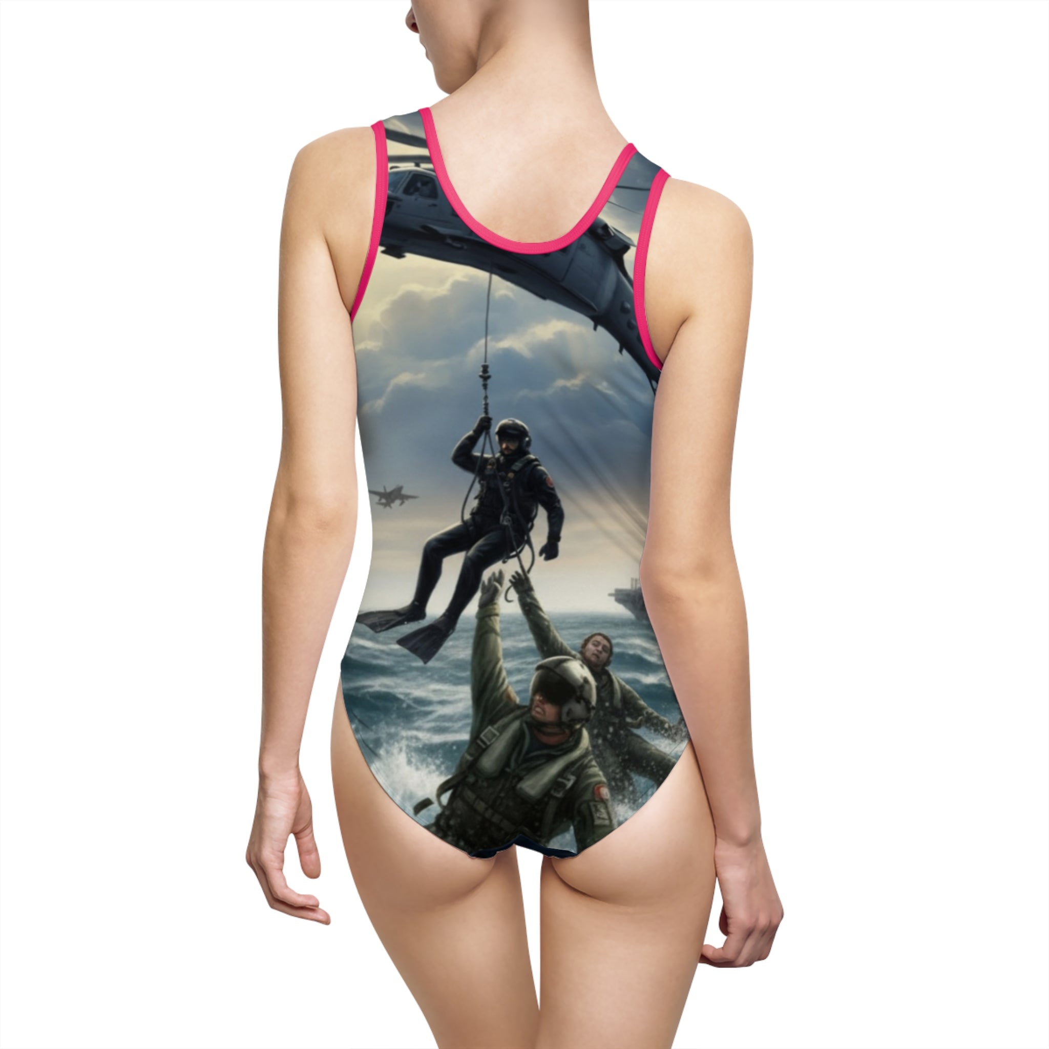 Military Rescue One-Piece Swimsuit — Combat Helicopter & Paratrooper Beachwear