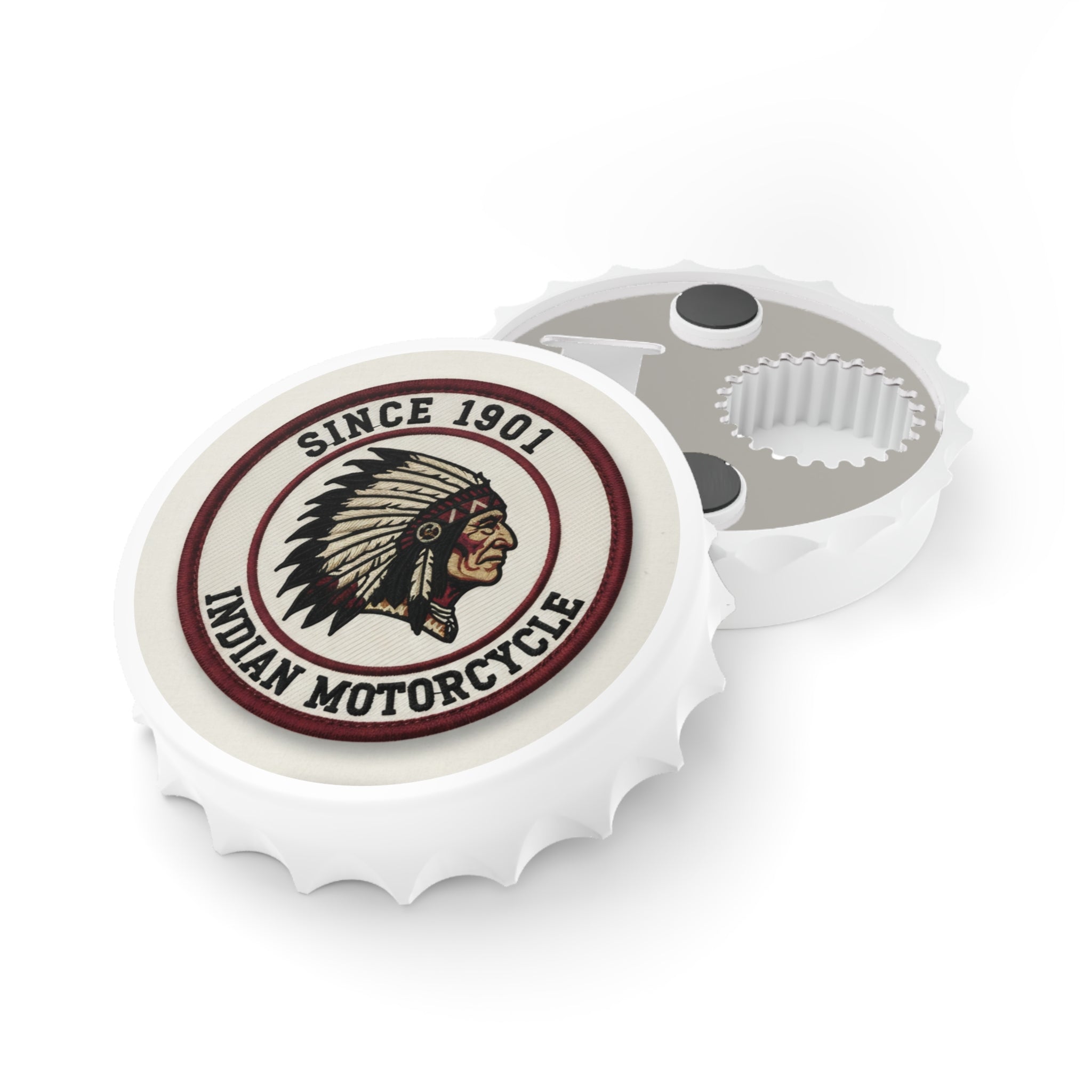 Beer Bottle Opener - Vintage 'Since 1901 Indian Motorcycle' Round Magnet Bottle Cap