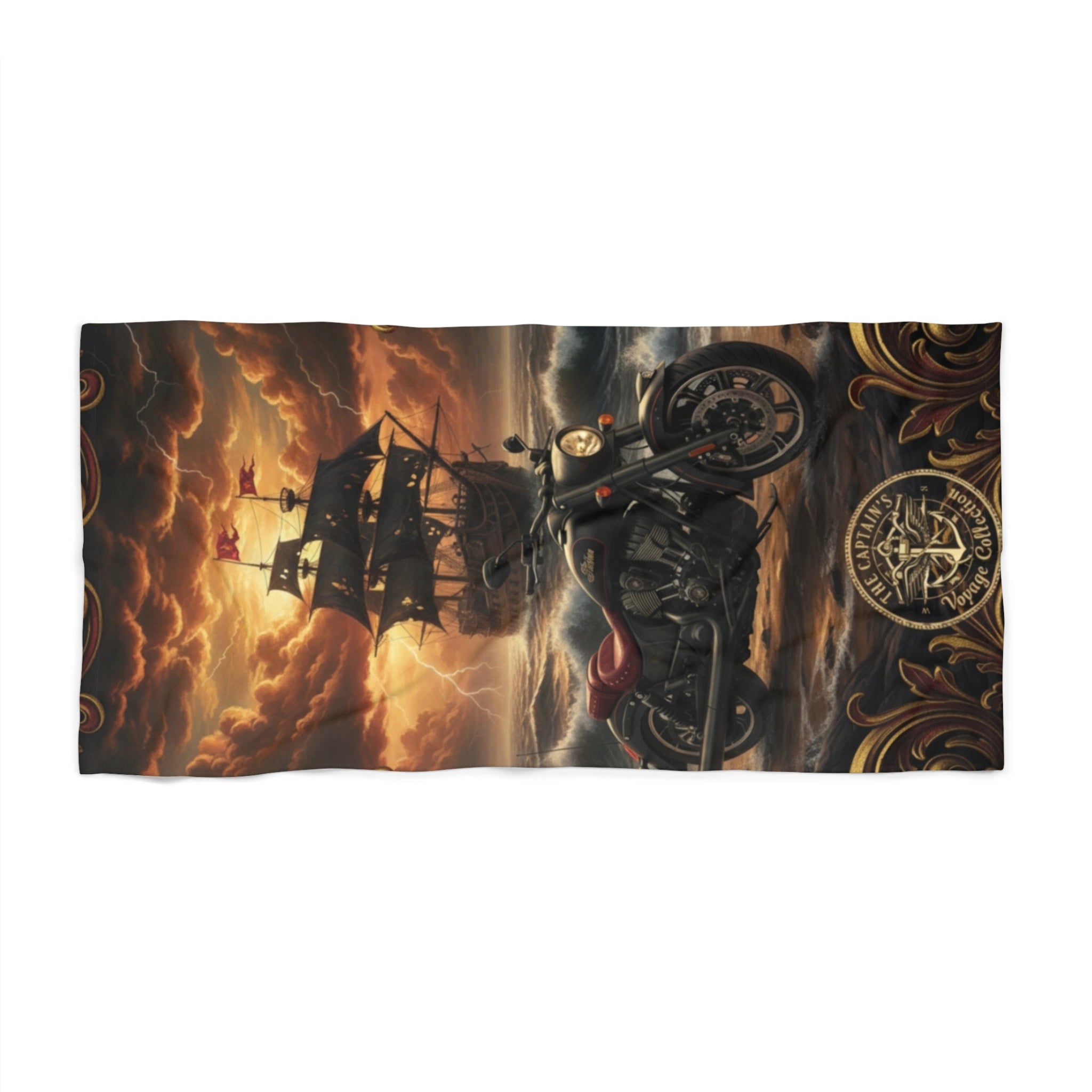 Pirate Ship & Motorcycle Beach Towel — Vintage Nautical Sunset Graphic