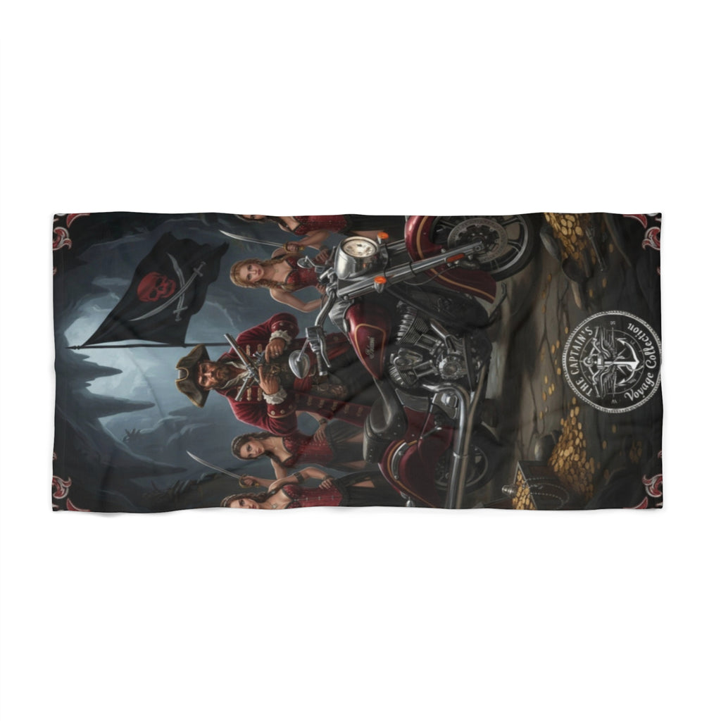 Pirate Biker Beach Towel — Skull Flag Motorcycle Crew Design
