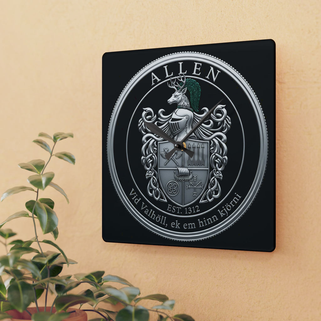 Allen Family Crest Acrylic Wall Clock — Personalized Celtic Coat of Arms Decor