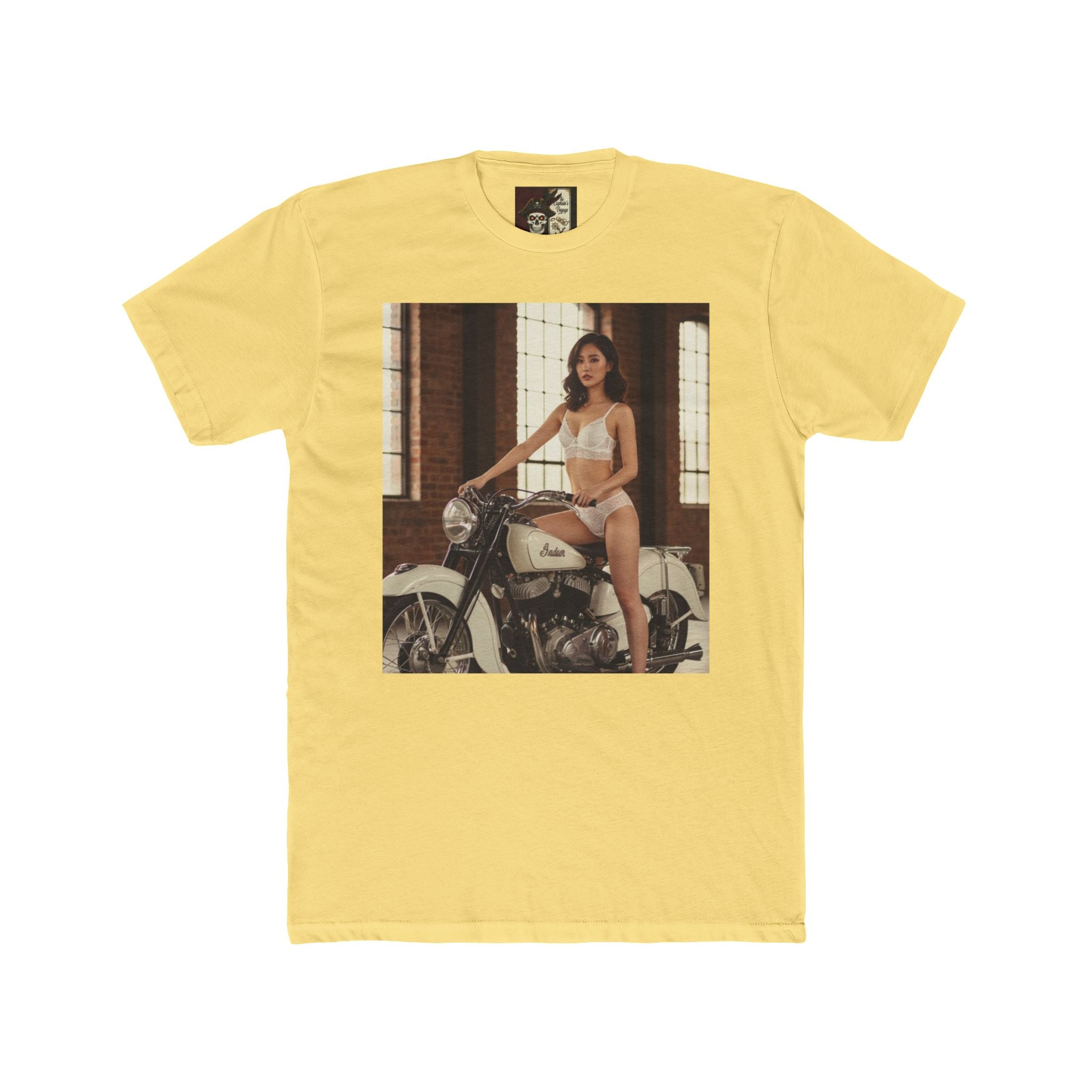 Vintage Motorcycle Pinup Tee — Retro Biker Photo Crewneck