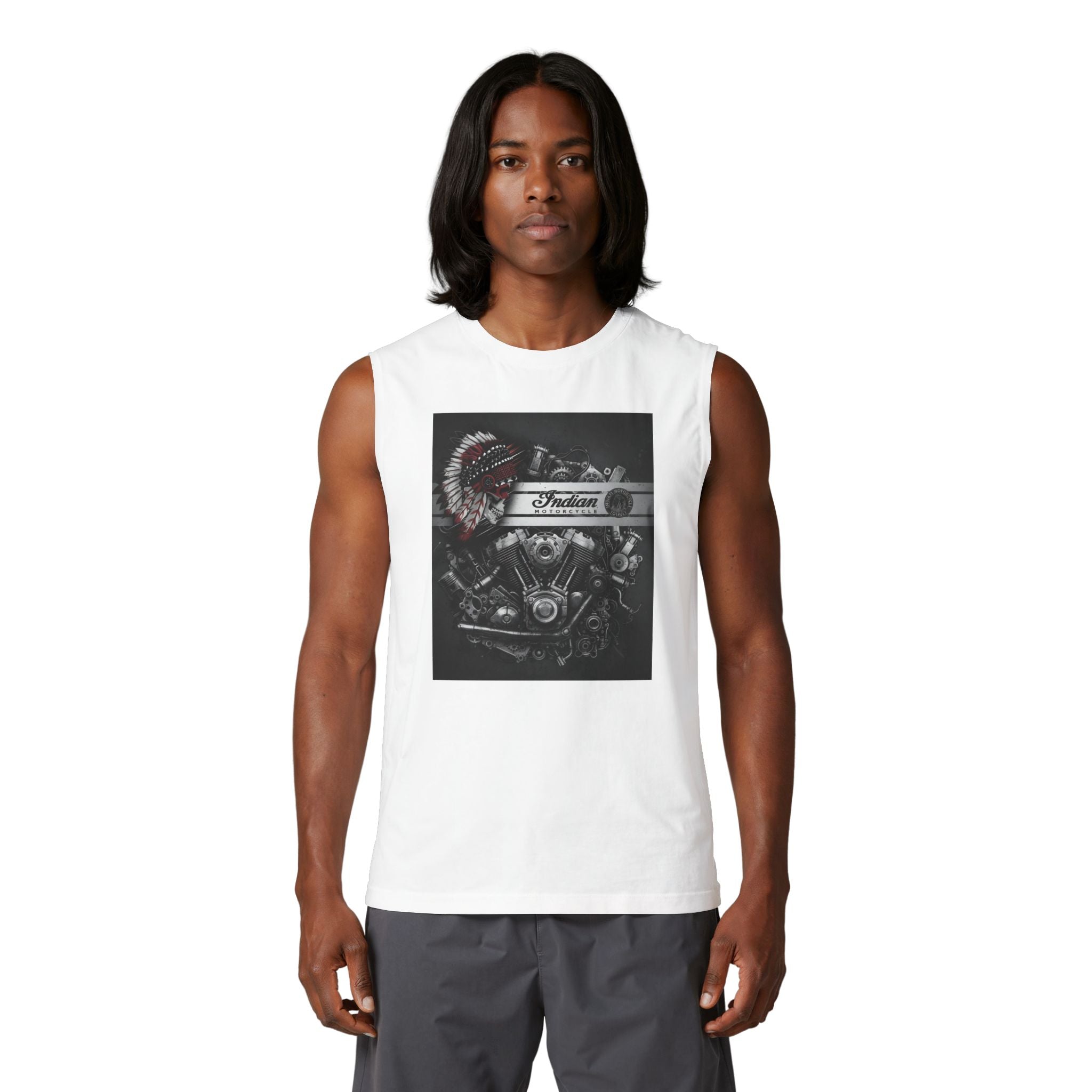 Indian Motorcycle Engine Graphic Muscle Tank — Vintage Chief Headdress Moto Tank Top