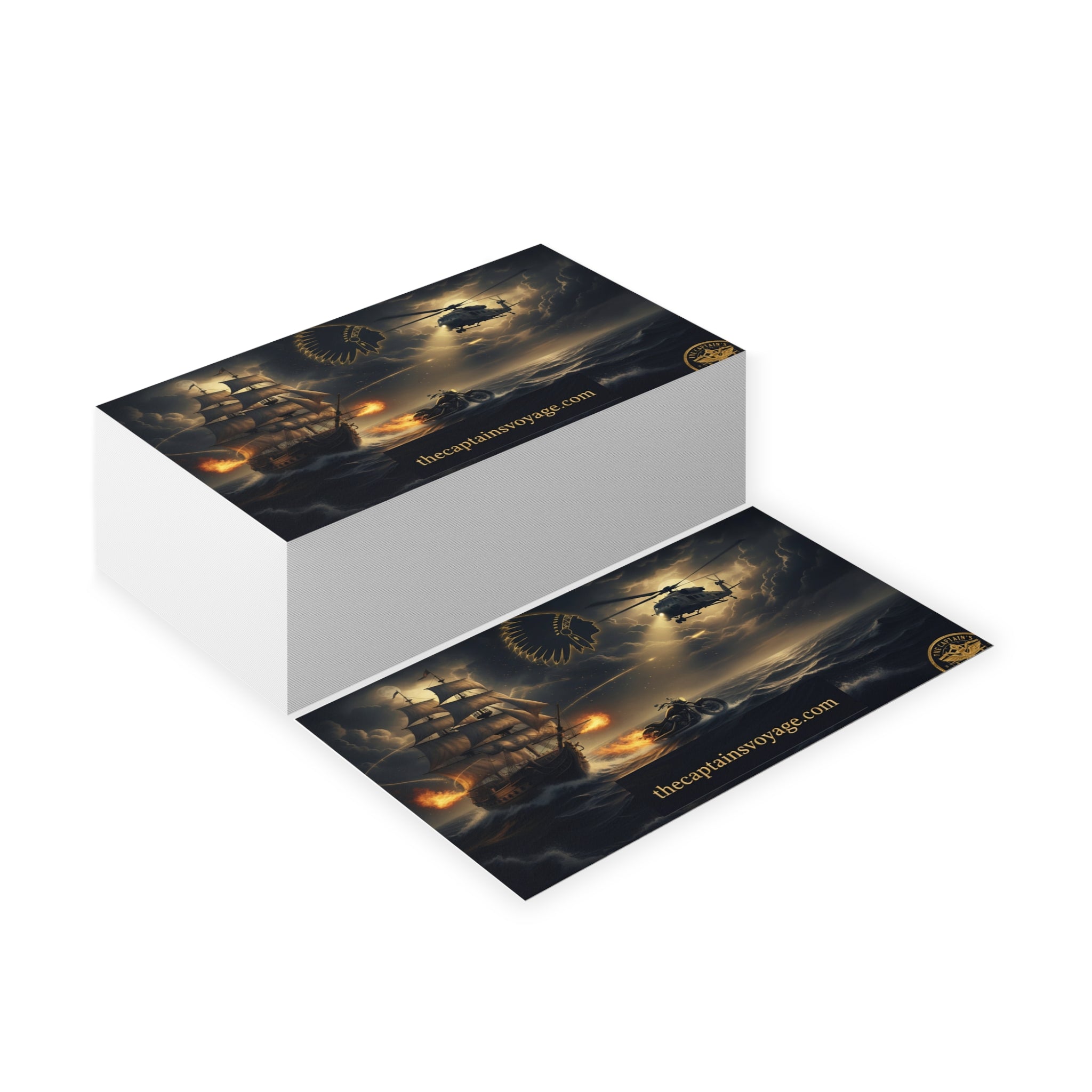 Business Cards — Nautical Adventure Scene with Ship, Helicopter & Motorcycle (thecaptainsvoyage.com)