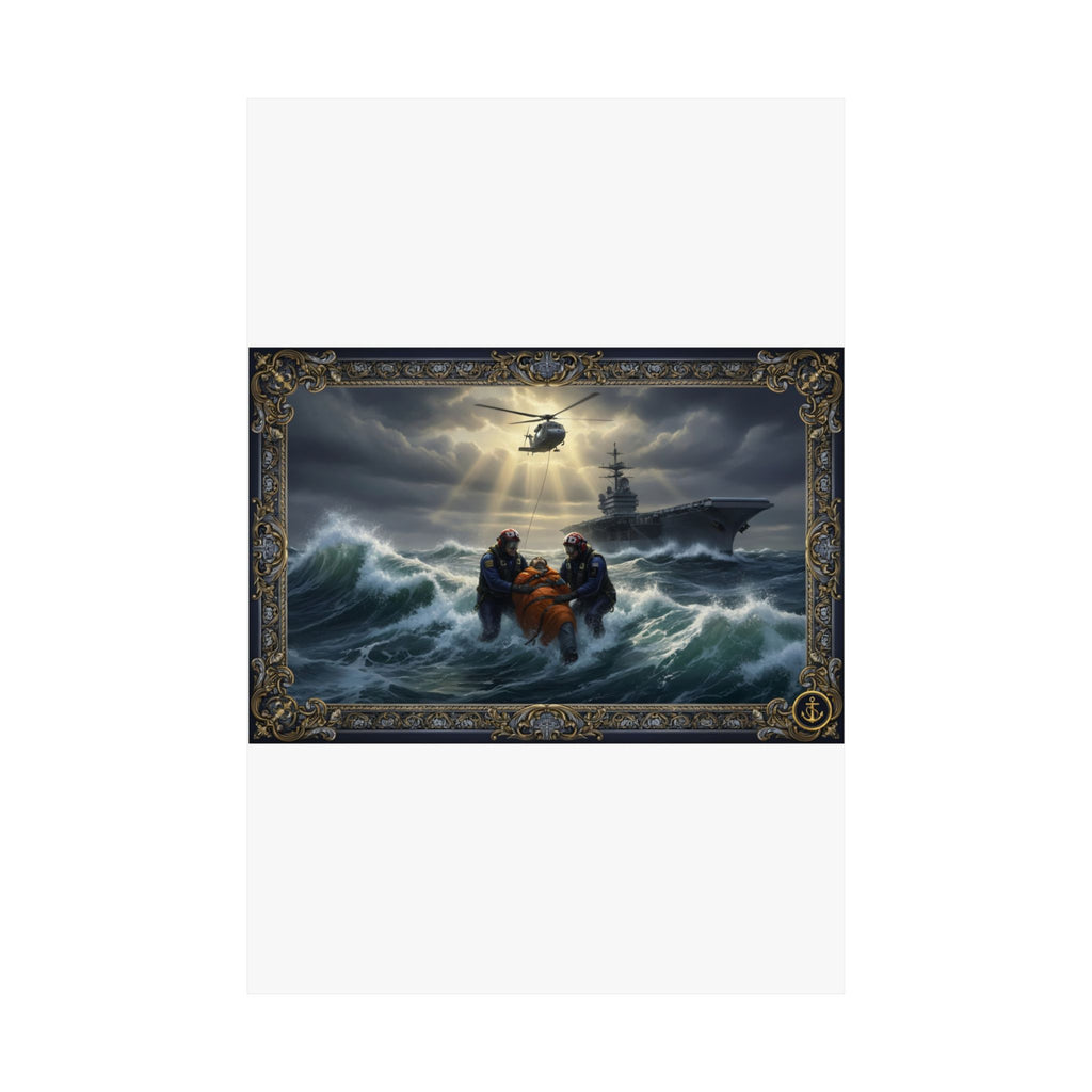 Rescue at Sea Matte Vertical Poster — Dramatic Navy Helicopter & Ship Storm Print