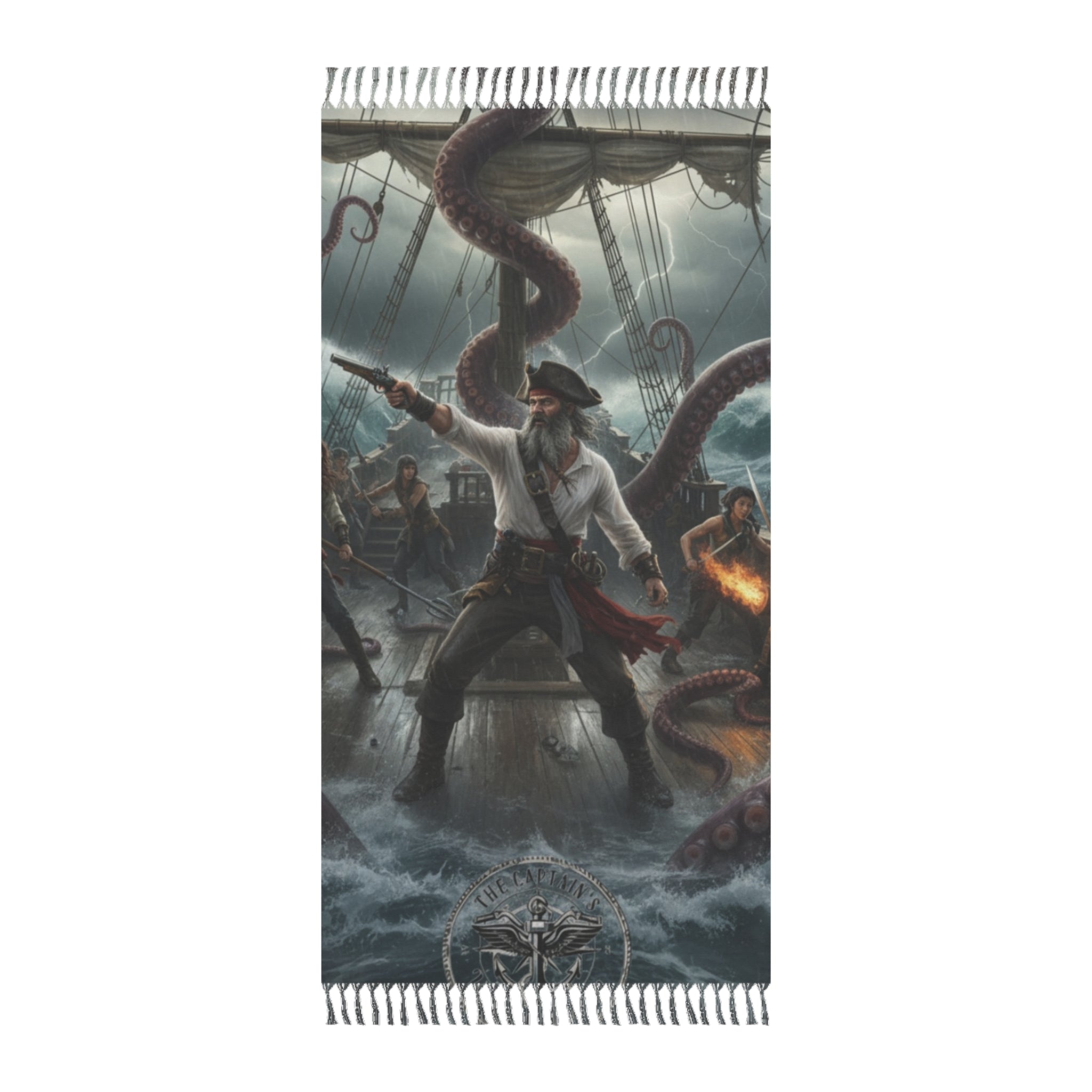 Pirate Battle Beach Towel — Kraken Shipwreck Boho Fringe Throw