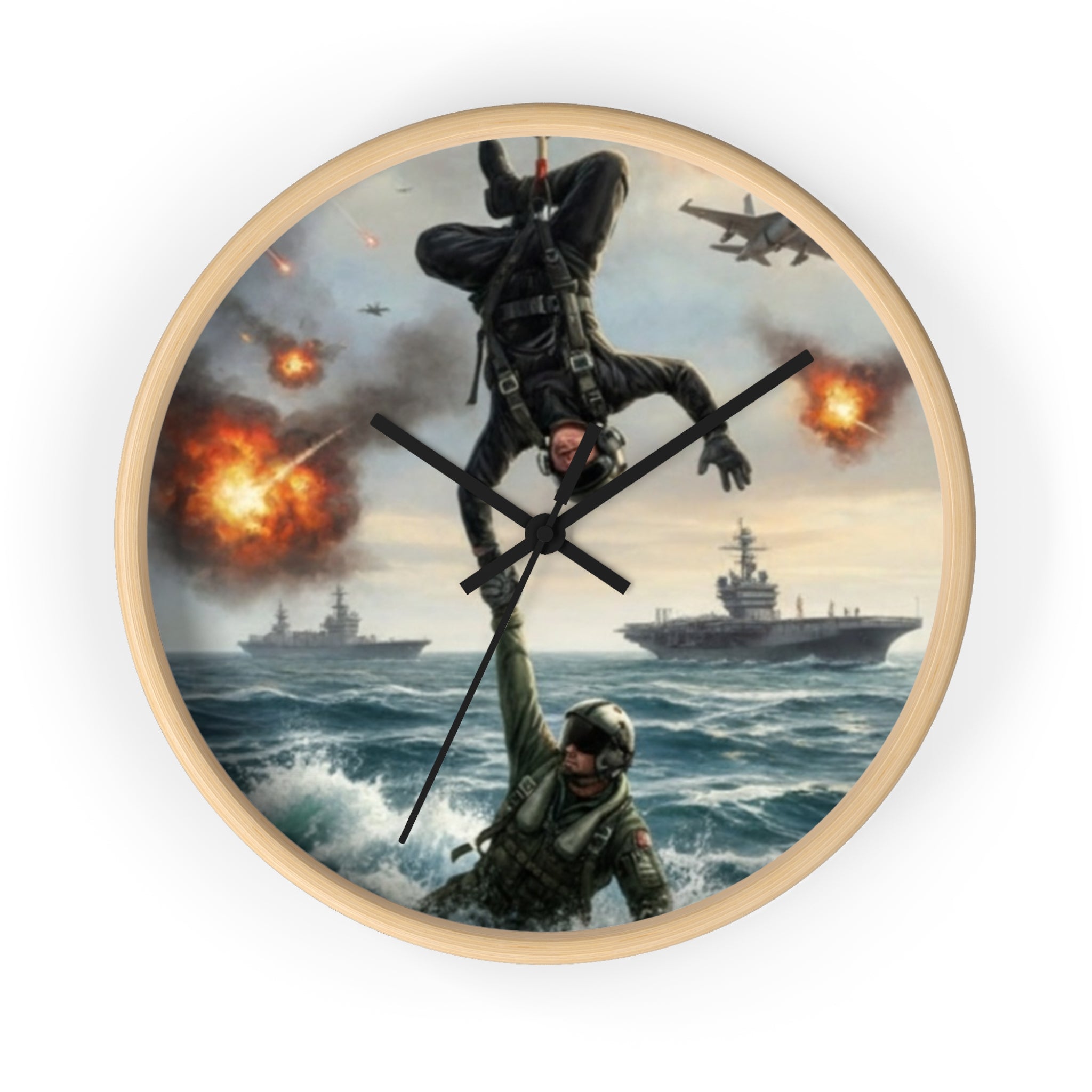 Military Rescue Wall Clock — Navy Helicopter & Sailor Action Scene