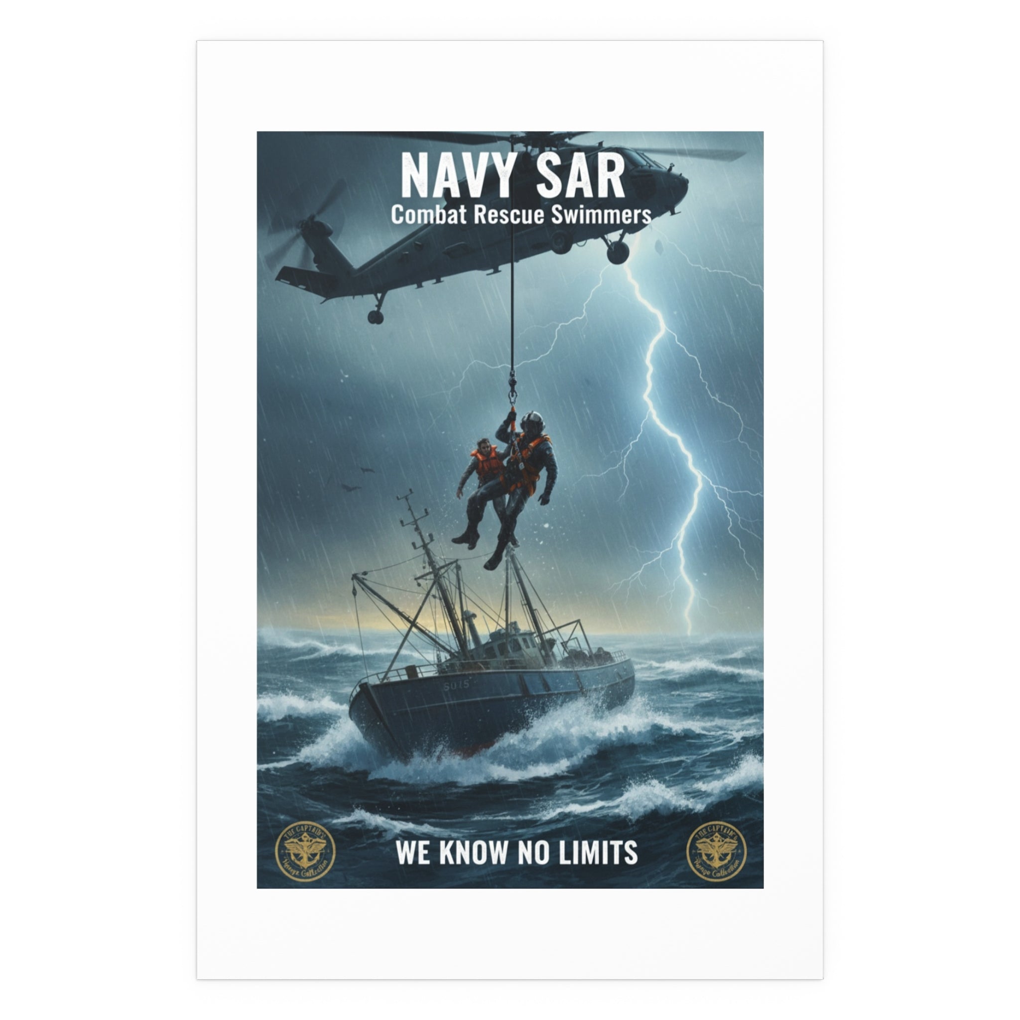Rescue at Sea Silk Poster — Storm Helicopter Lifesaver Wall Art (Indoor/Outdoor)