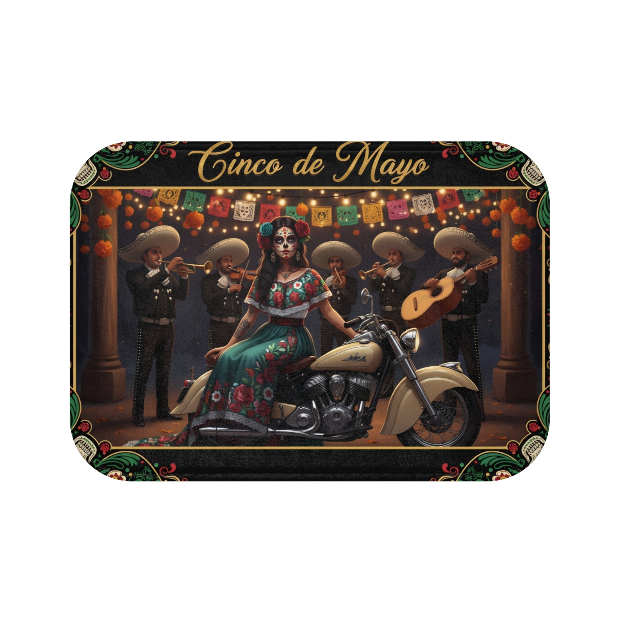Cinco de Mayo Day of the Dead Motorcycle Bath Mat – Mexican Mariachi Skull Design