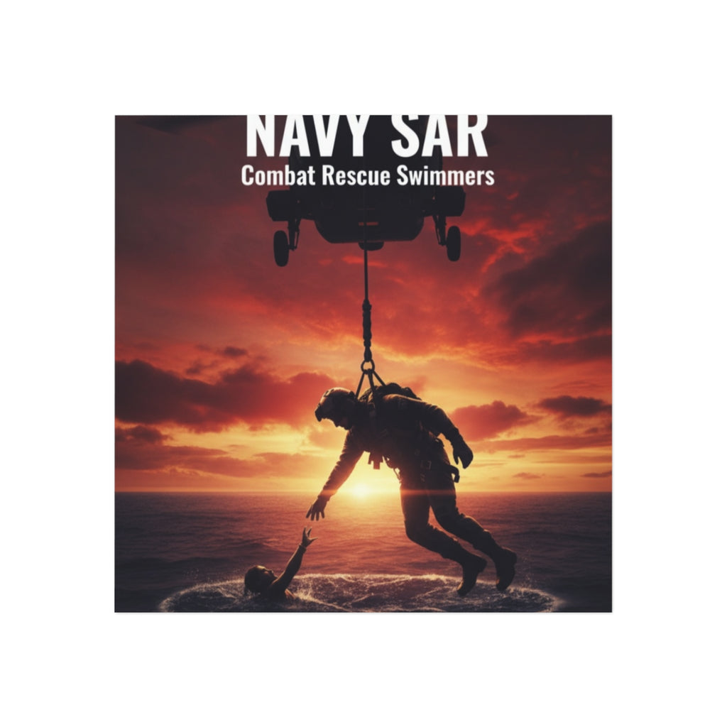 Navy SAR Combat Rescue Swimmers Square Magnet – Search & Rescue Helicopter Sunset Design