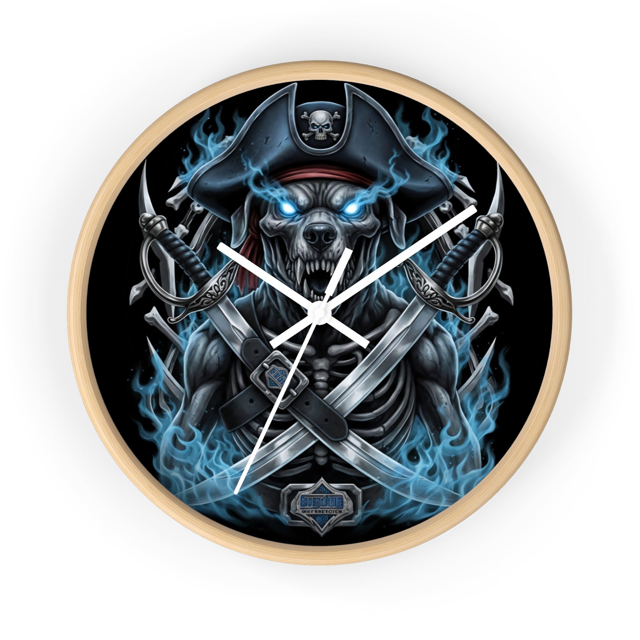 Pirate Skeleton Wall Clock — Blue Flame Skull Nautical Decor