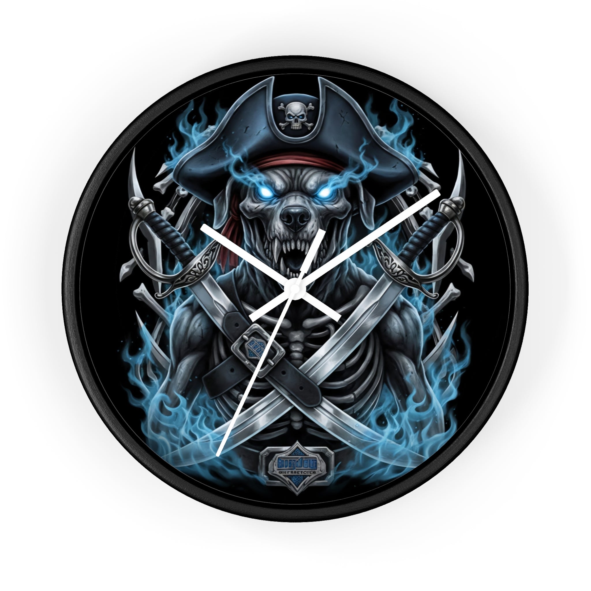 Pirate Skeleton Wall Clock — Blue Flame Skull Nautical Decor