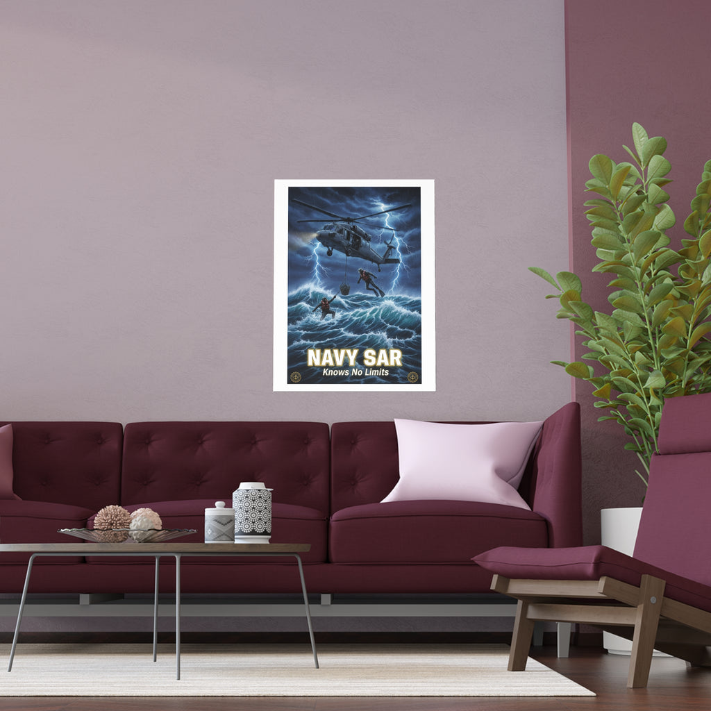 Navy SAR Silk Poster — "Knows No Limits" Rescue Helicopter Art (Indoor/Outdoor)