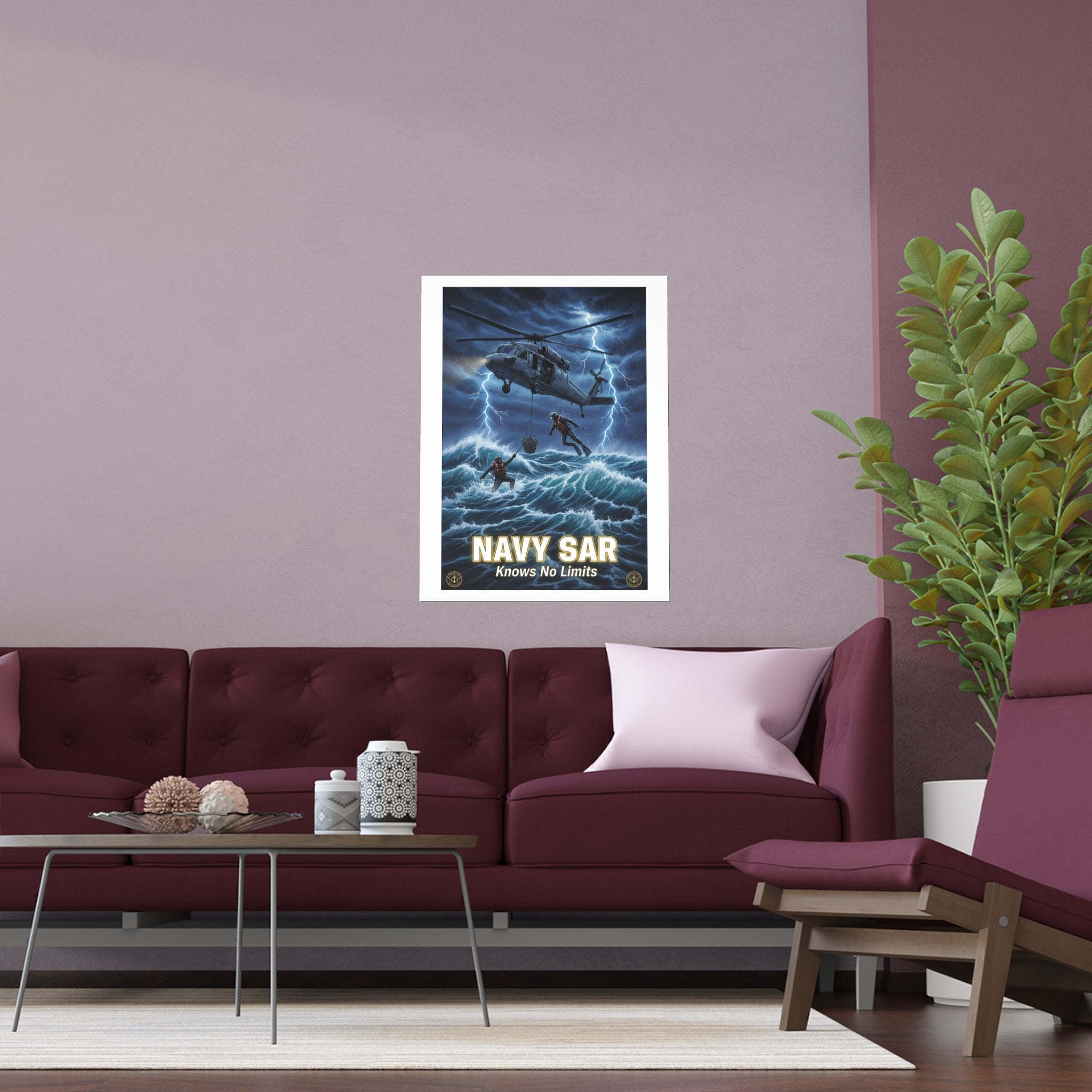 Navy SAR Silk Poster — "Knows No Limits" Rescue Helicopter Art (Indoor/Outdoor)