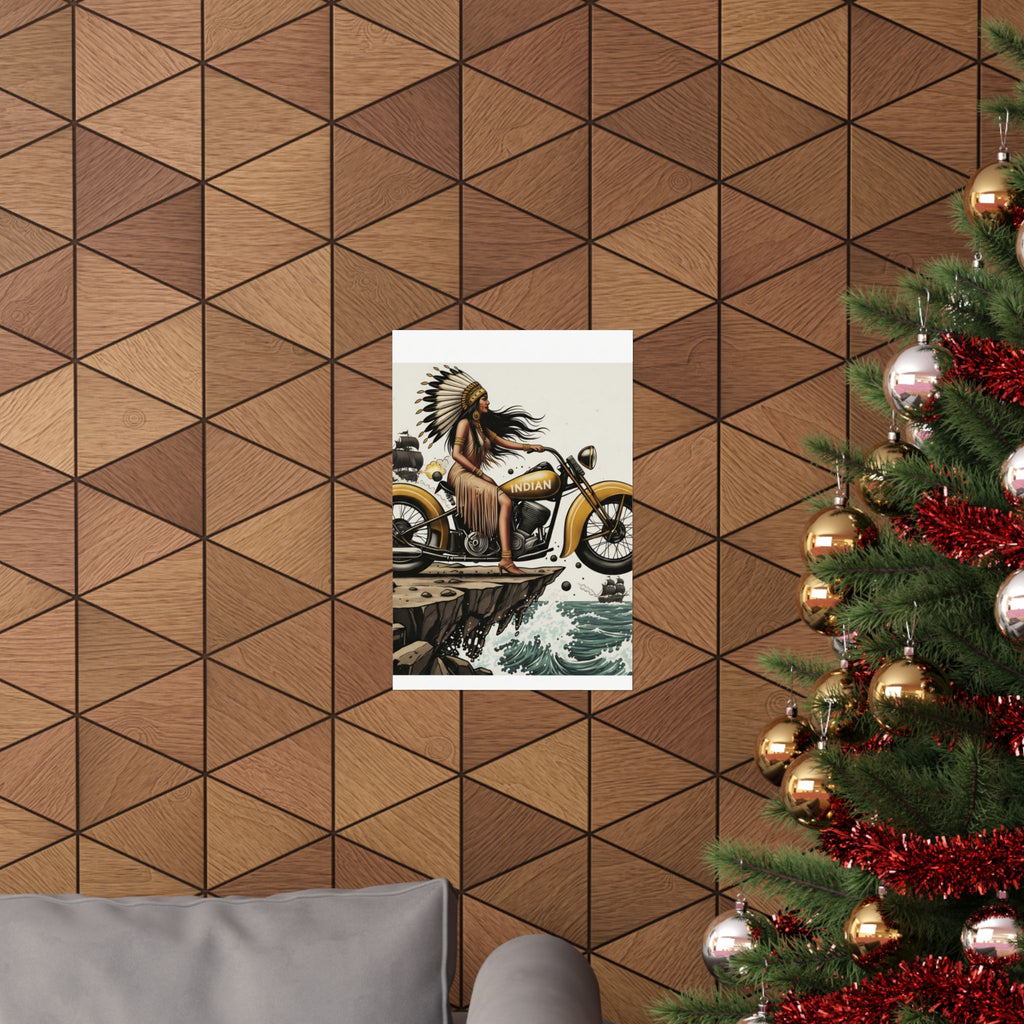 Vintage Indian Motorcycle Poster — Native Rider Matte Vertical Art Print