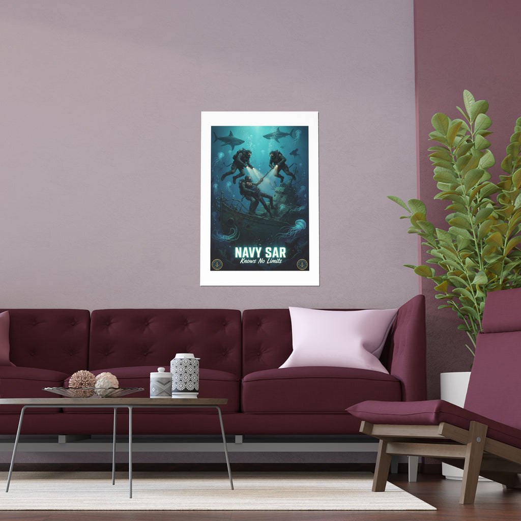Navy SAR Silk Poster — 'Knows No Limits' Underwater Diver Rescue Art