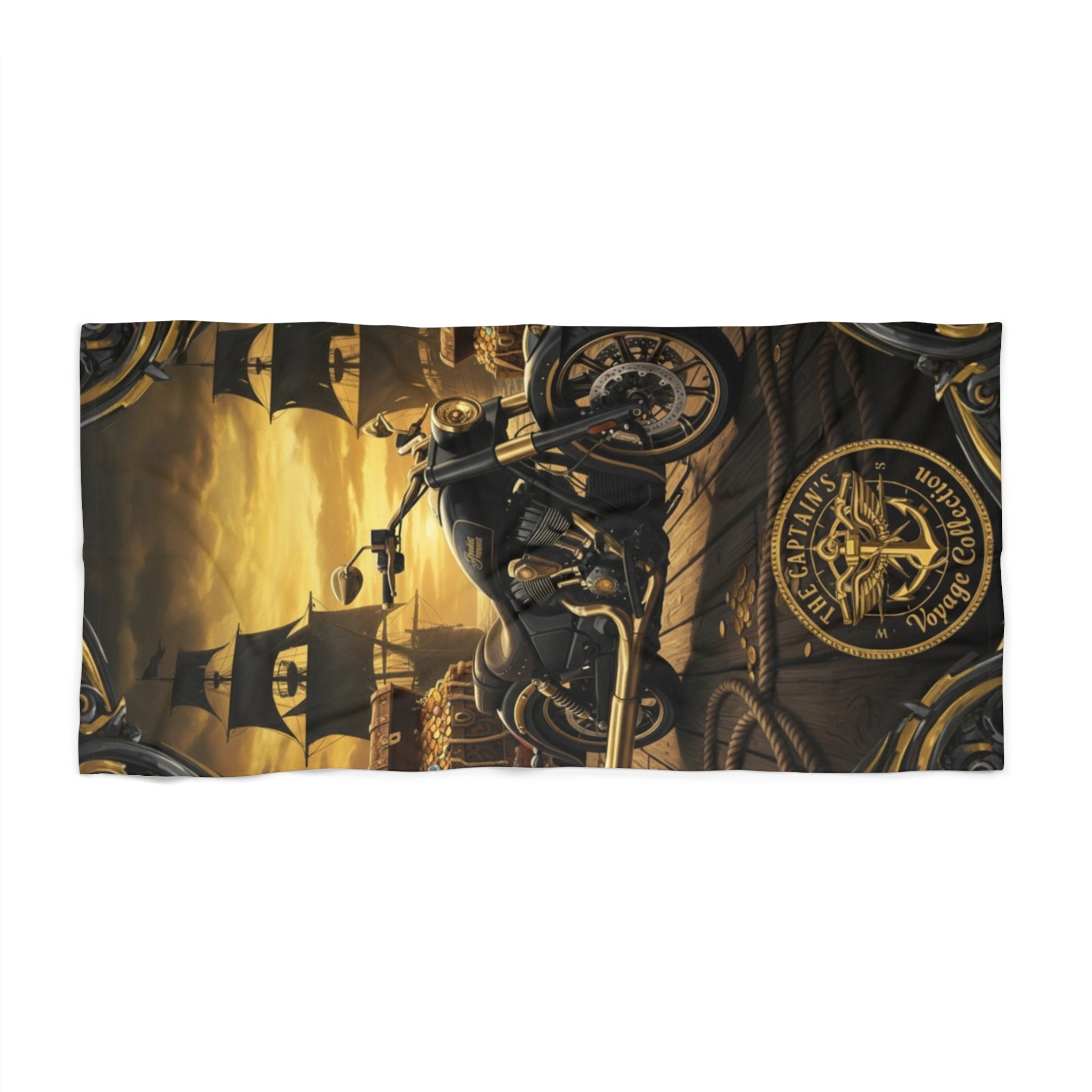 Vintage Motorcycle Beach Towel — Biker Skull & Compass Sunset Design