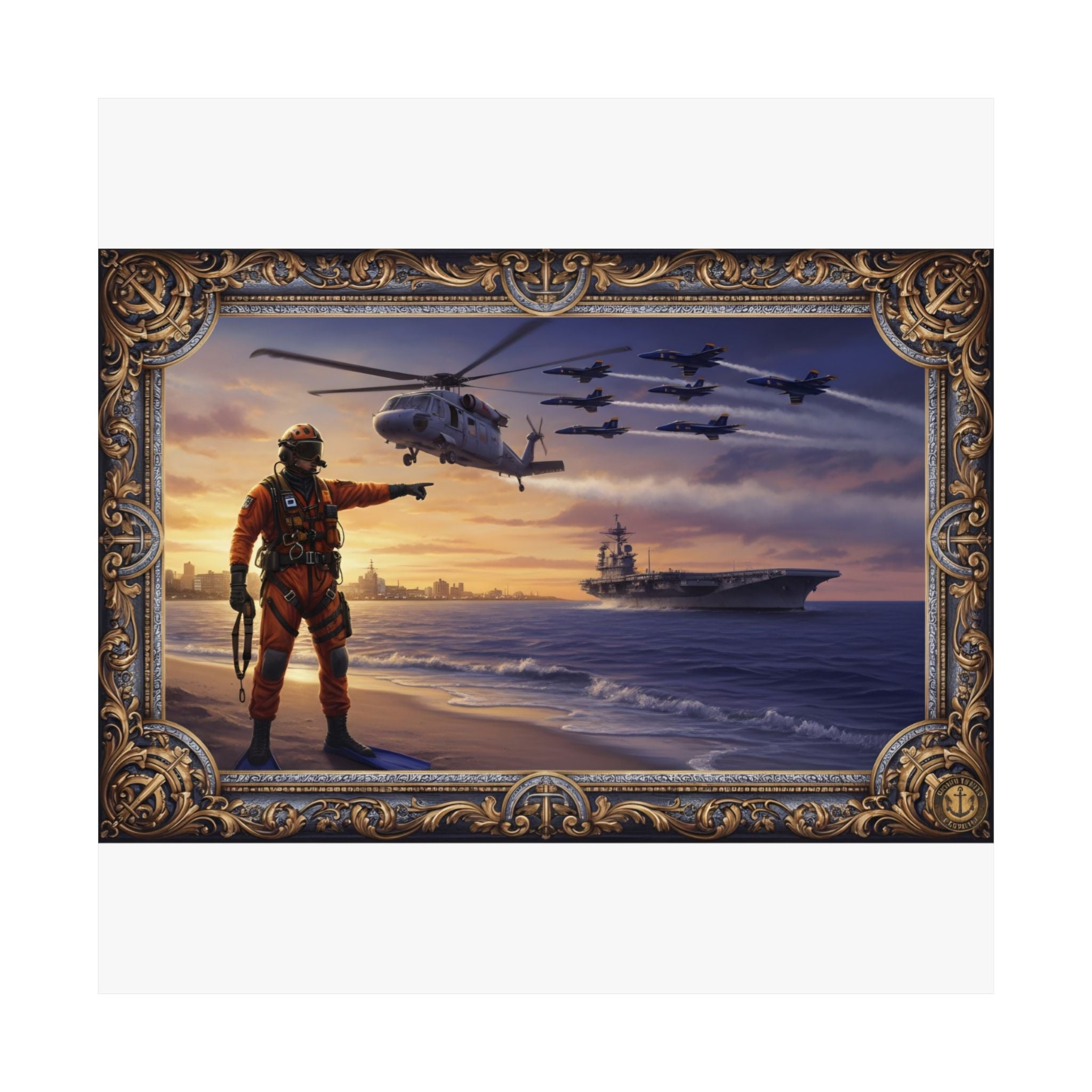 Military Aviation Matte Poster — Navy Helicopters & Sailor Sunset