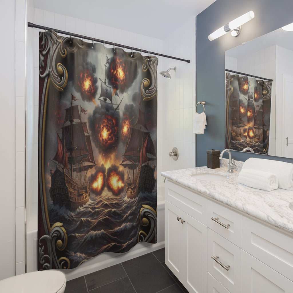 Pirate Ship Battle Shower Curtain — Exploding Cannonball Nautical Bathroom Decor