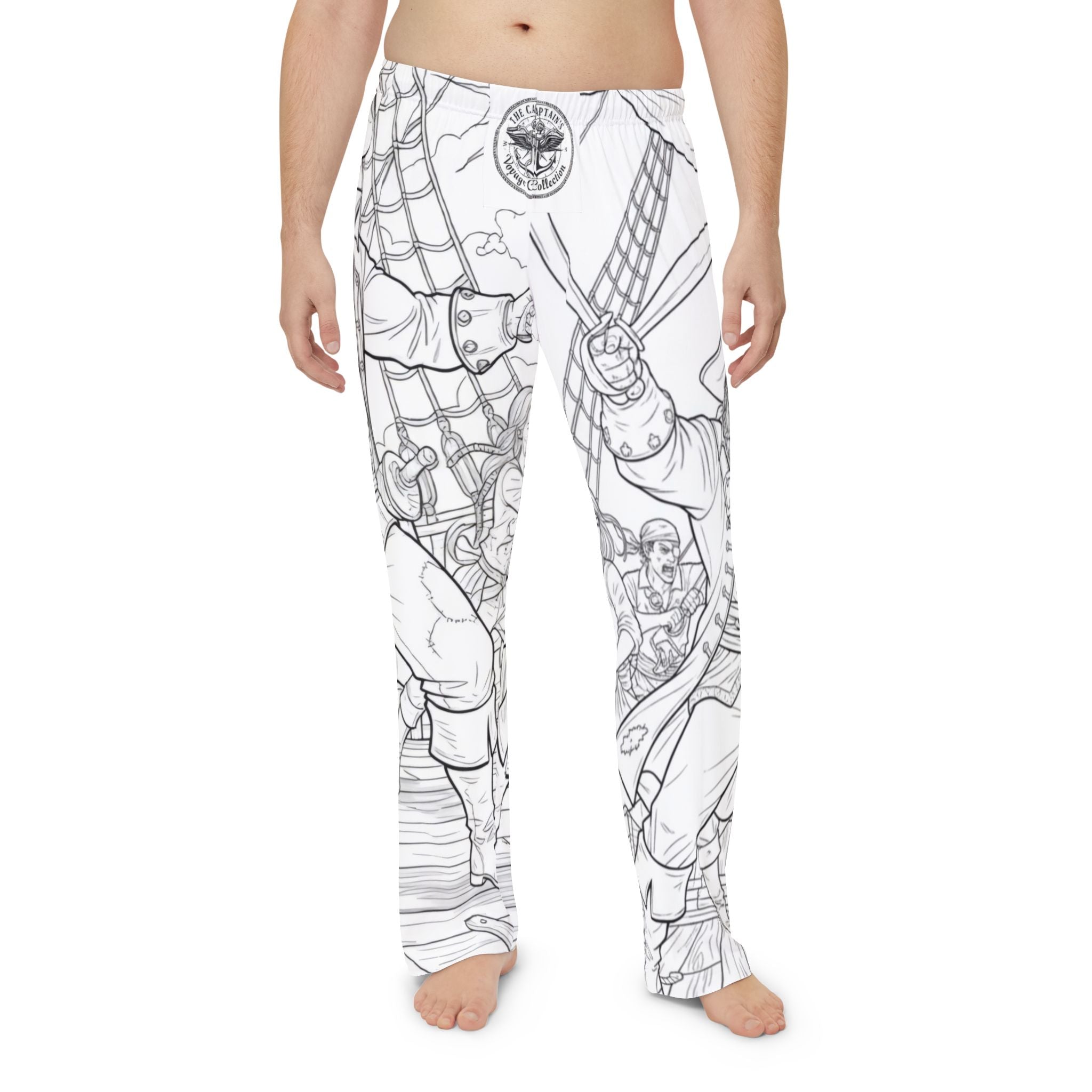 Pirate Ship Illustration Pajama Pants — Black & White All-Over-Print