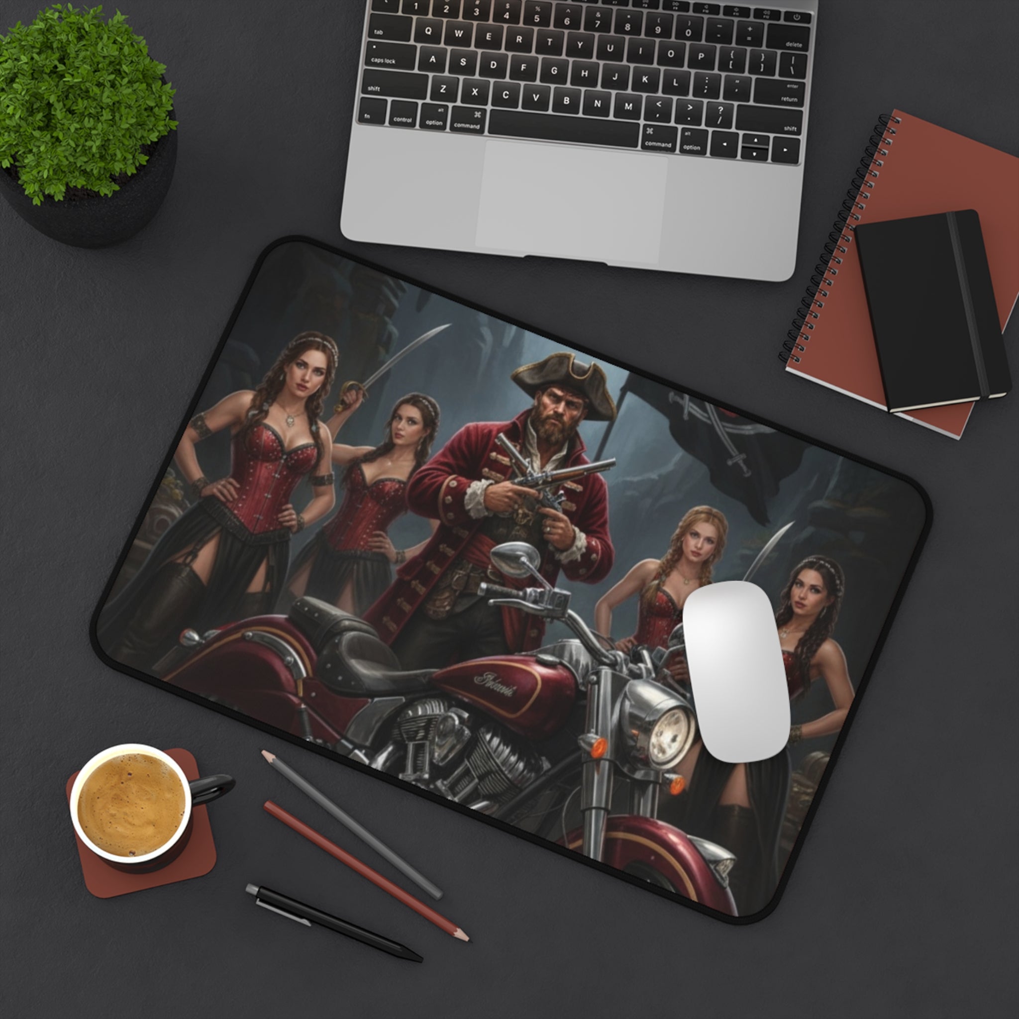 Pirate Biker Desk Mat — Captain with Motorcycle & Sirens Gaming Mousepad