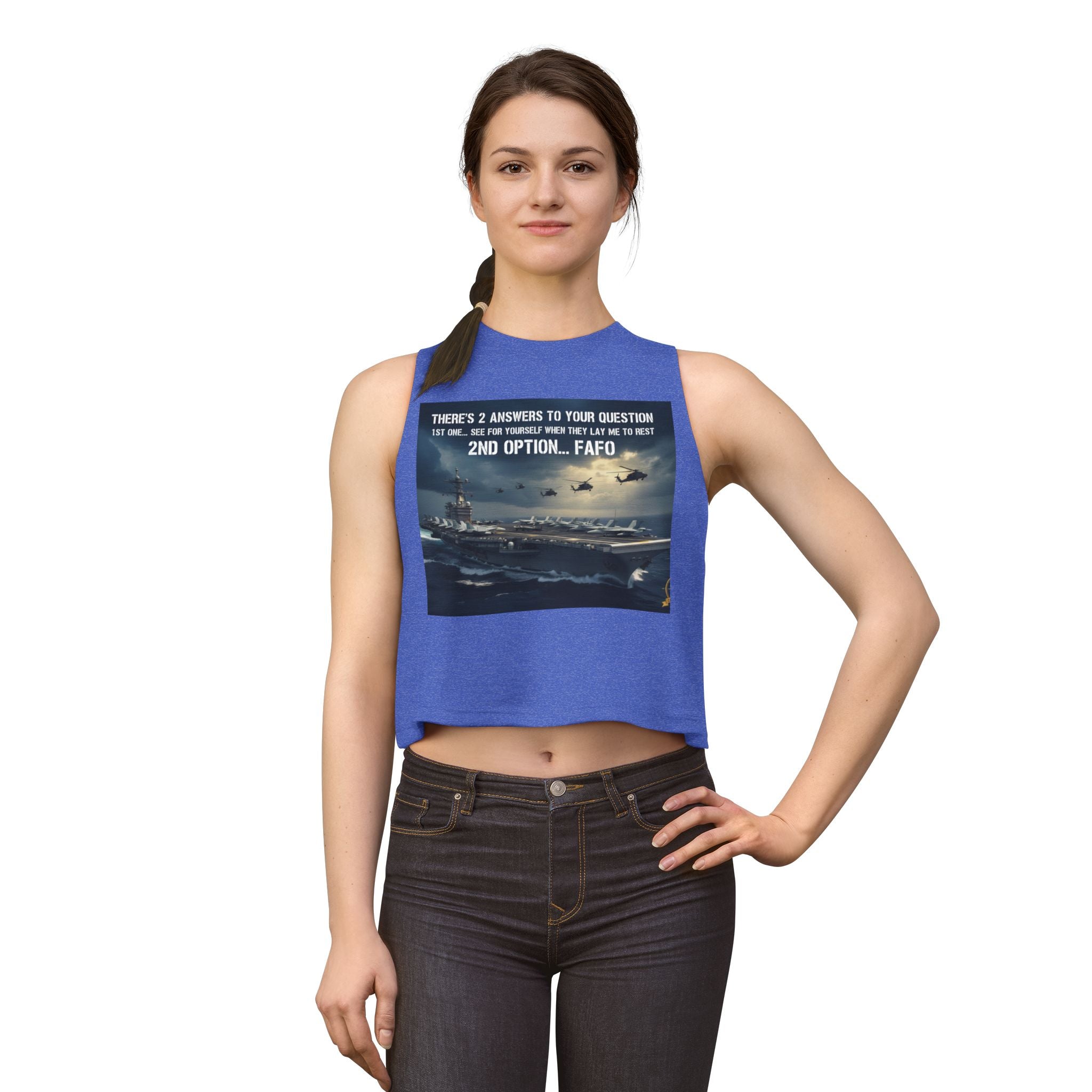Women’s Crop Top – Military Aircraft Carrier Graphic with “2nd Option…F A F O” Text