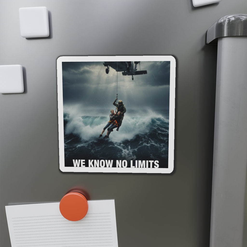 Rescue Helicopter Die-Cut Magnet — 'We Know No Limits' Ocean Rescue Design
