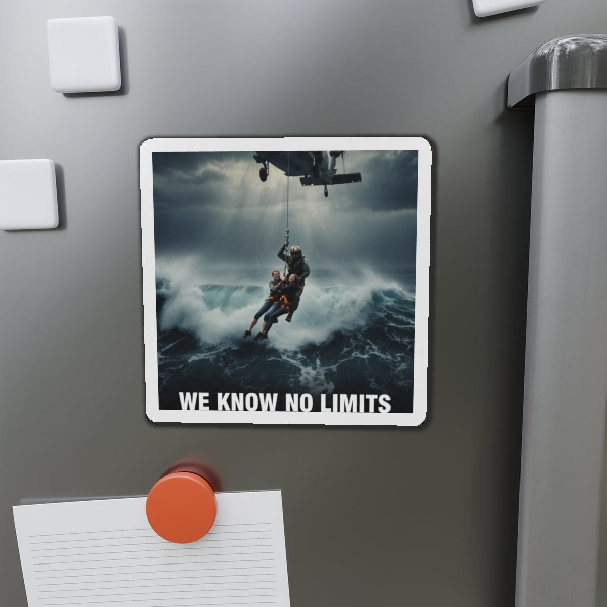 Rescue Helicopter Die-Cut Magnet — 'We Know No Limits' Ocean Rescue Design