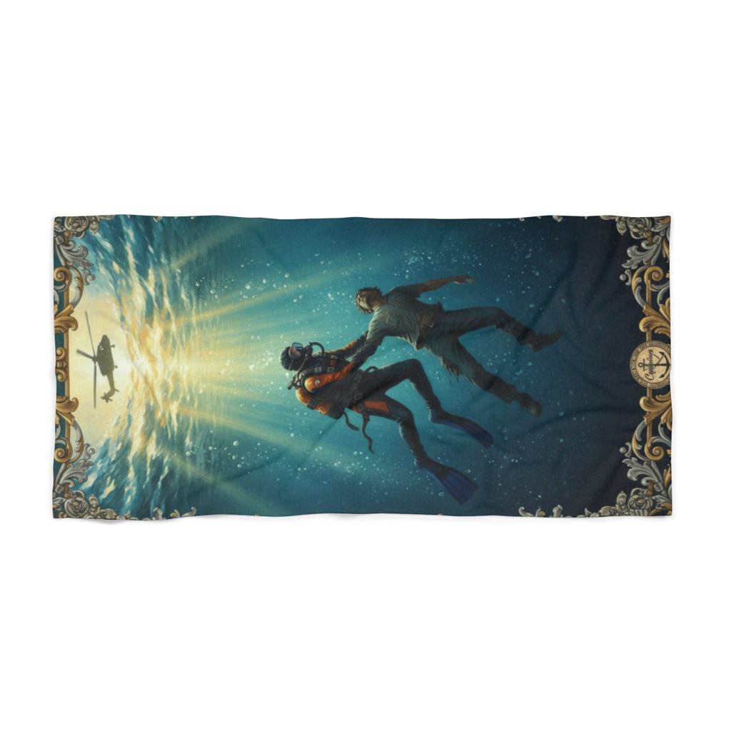 Beach Towel — Vintage Deep Sea Divers Scenic Towel (Underwater Exploration Design)