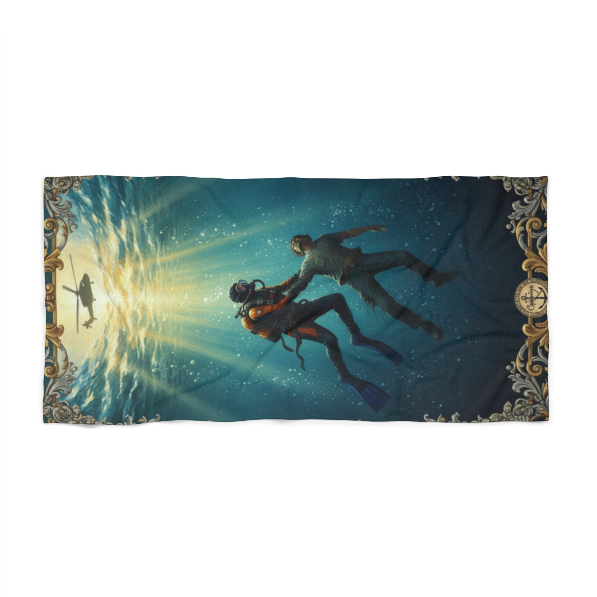 Beach Towel — Vintage Deep Sea Divers Scenic Towel (Underwater Exploration Design)