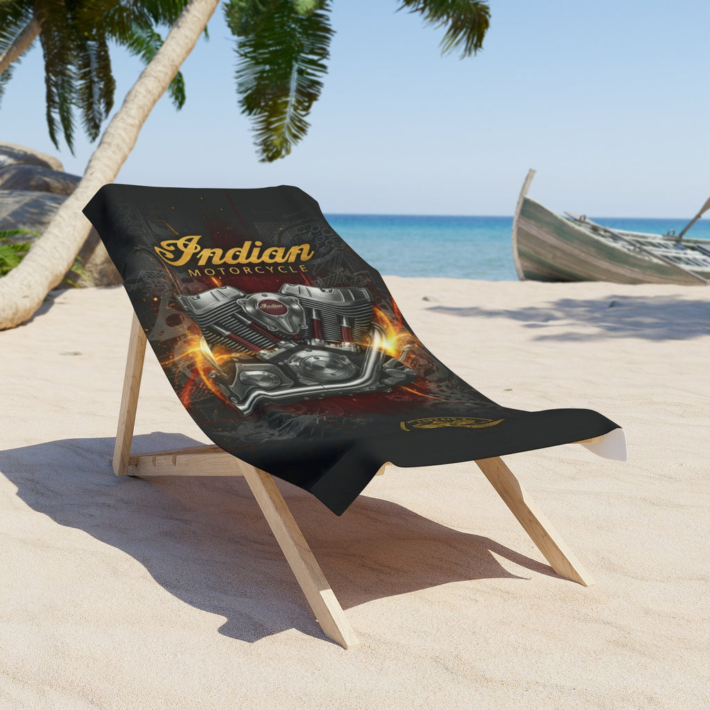 Indian Motorcycle Engine Beach Towel — Vintage Biker Beach Towel with Flaming V-Twin Design