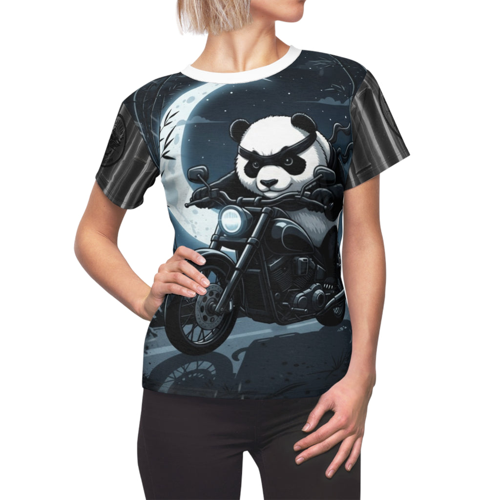 Panda Biker Women's Tee — Moonlit Motorcycle Graphic All-Over Print