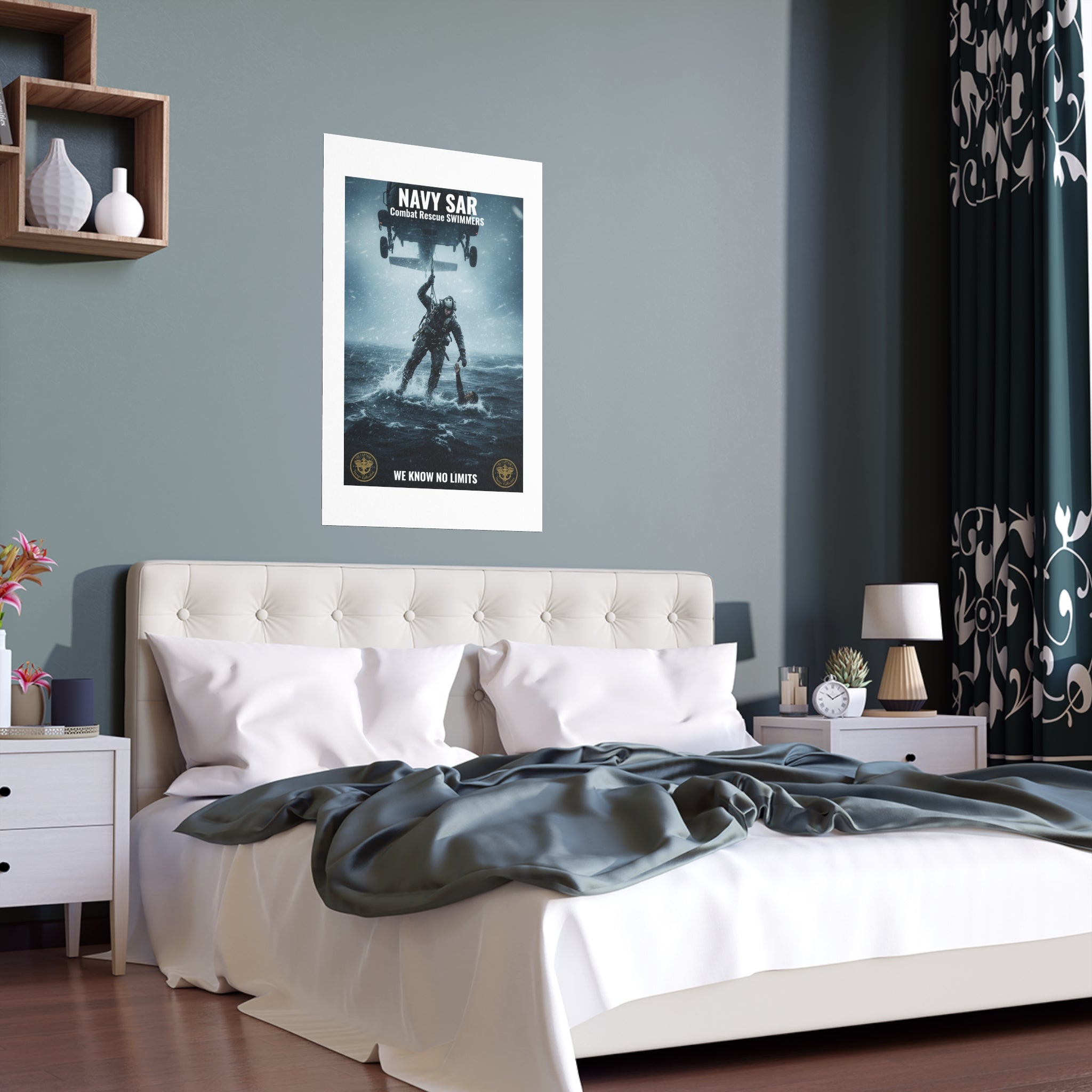 Rescue Diver Silk Poster – Dramatic Sea & Helicopter Wall Art (Indoor/Outdoor)