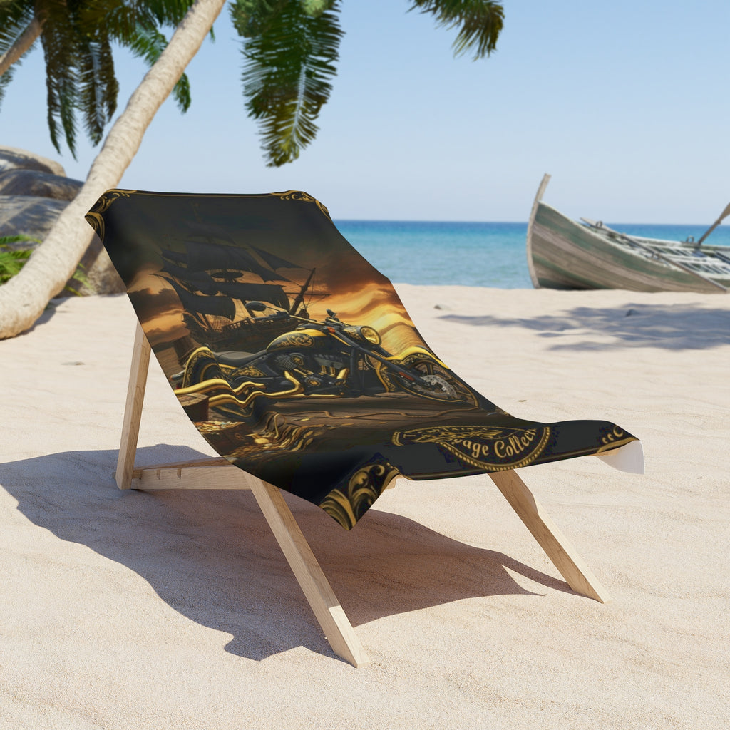 Pirate Motorcycle Beach Towel — Vintage Skull & Ship Sunset Design