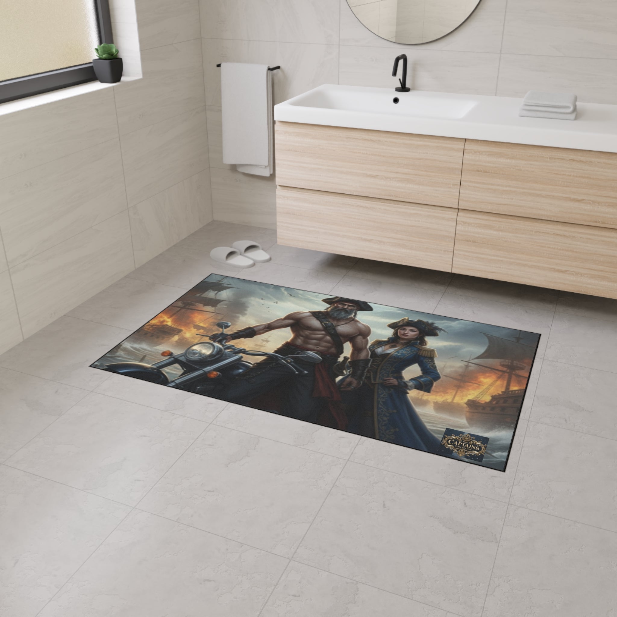 Pirate Captain & Corsair Heavy-Duty Floor Mat — Nautical Motorcycle Art Rug