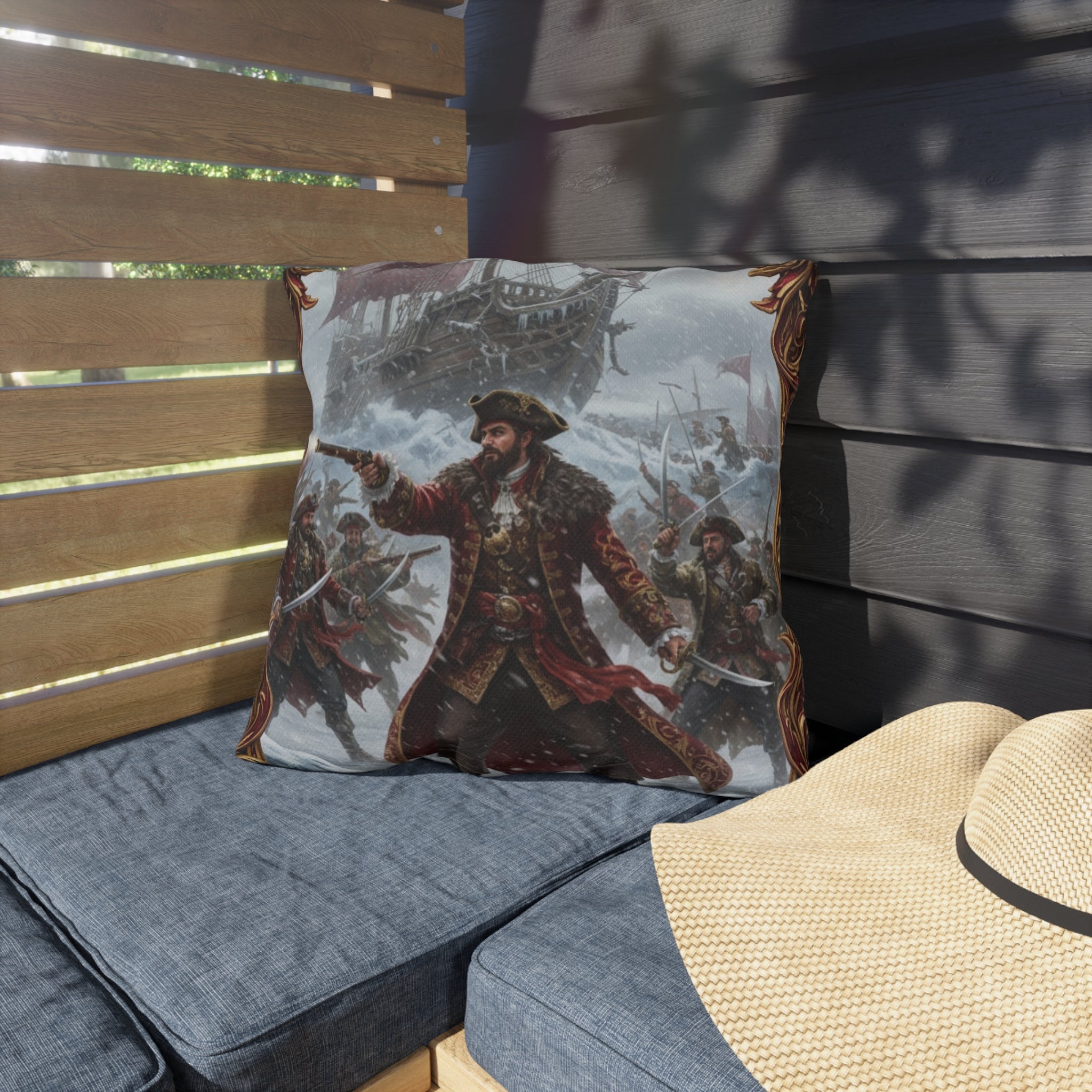 Nautical Pirate Captain Outdoor Pillow — Vintage Ship Anchor Voyage Accent Cushion