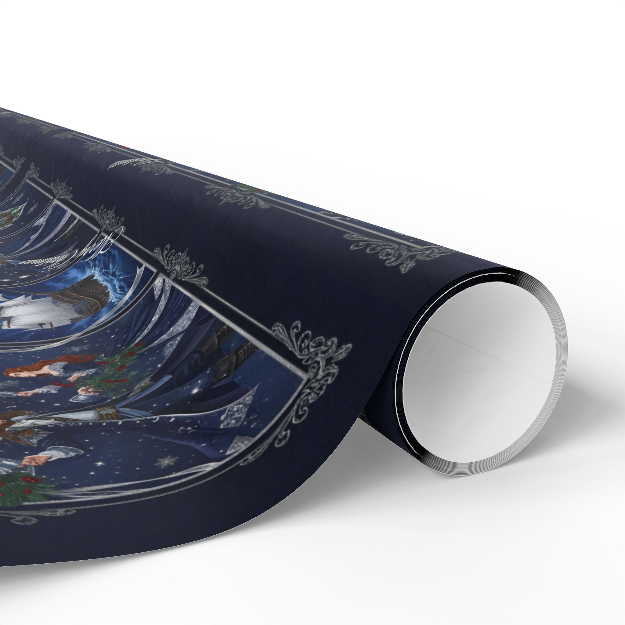 Wrapping Paper - Festive Navy Holiday Scene Gift Wrap (Snow, Sleigh, Night Sky)