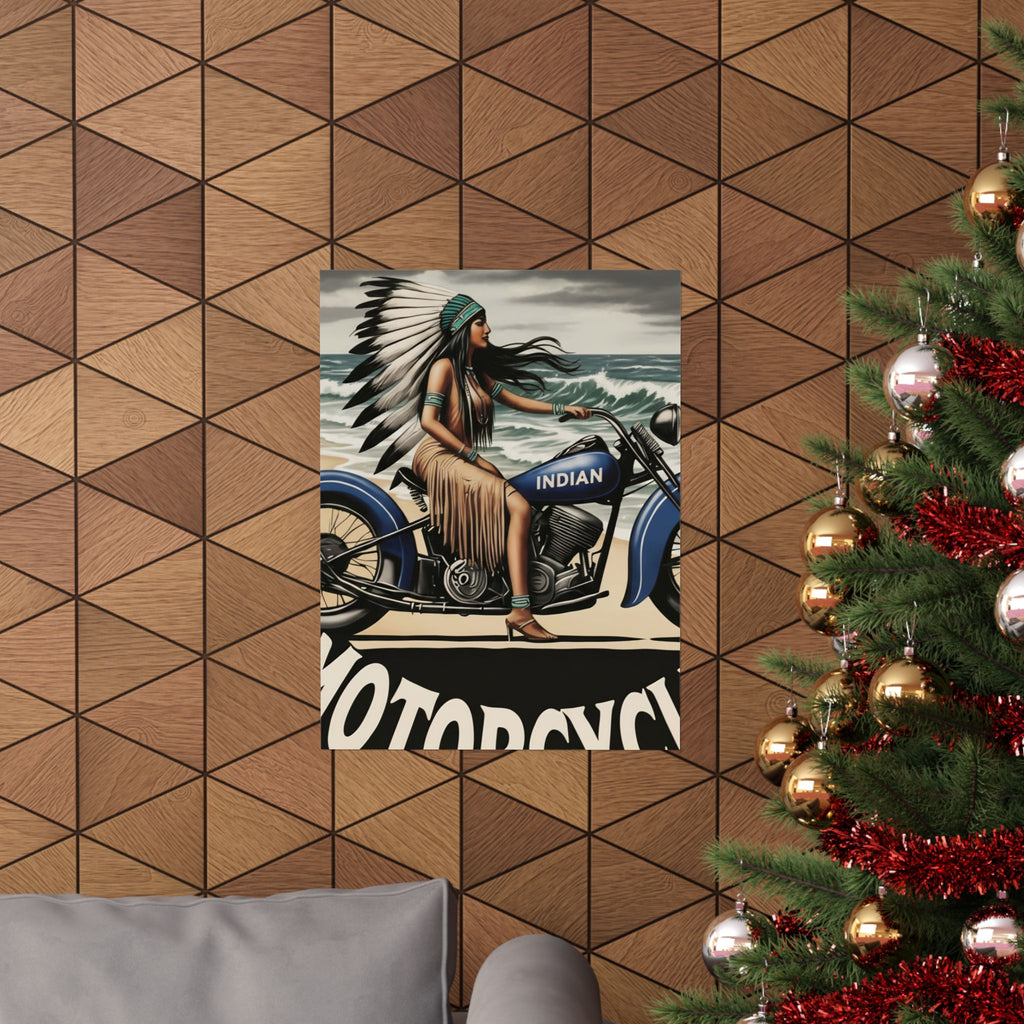 Vintage Motorcycle Poster — Native American Woman on Bike Matte Vertical Print