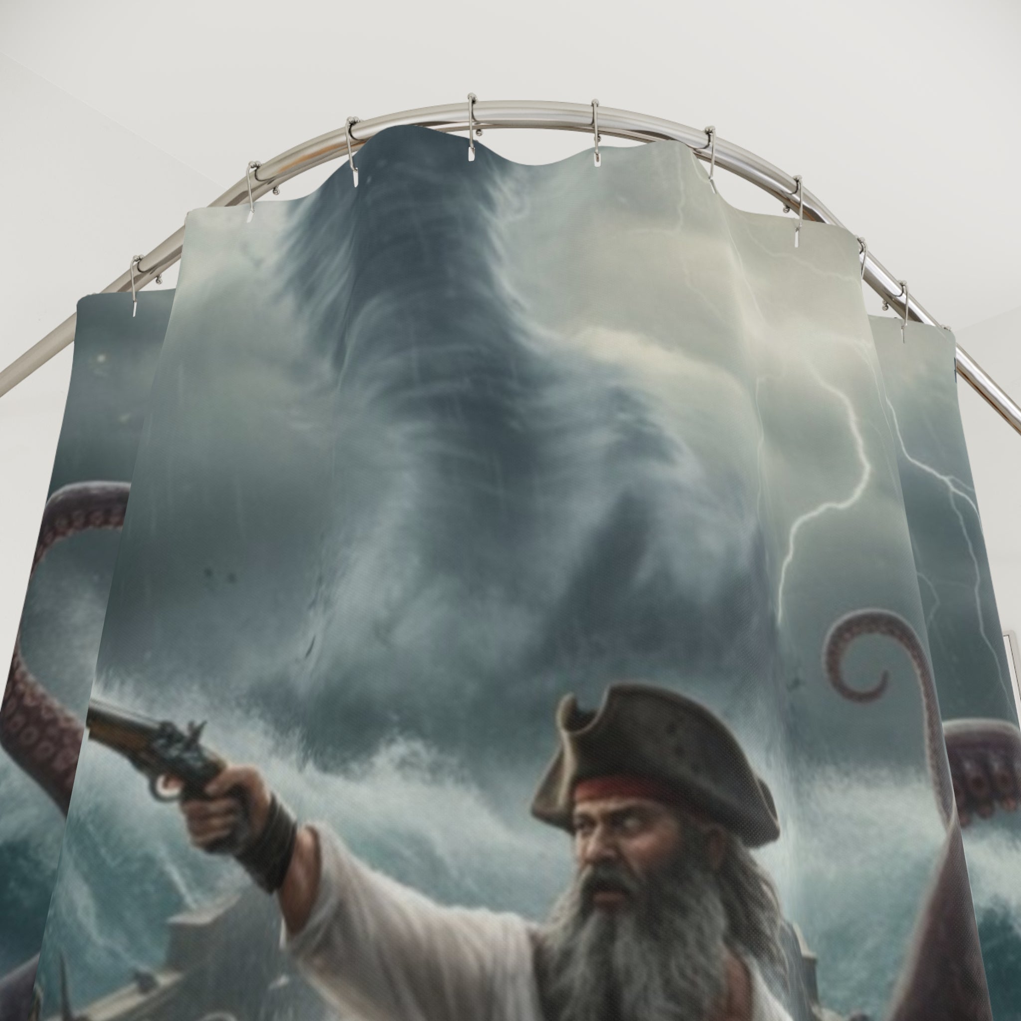 Pirate Kraken Battle Shower Curtain — Nautical Storm Bathroom Decor