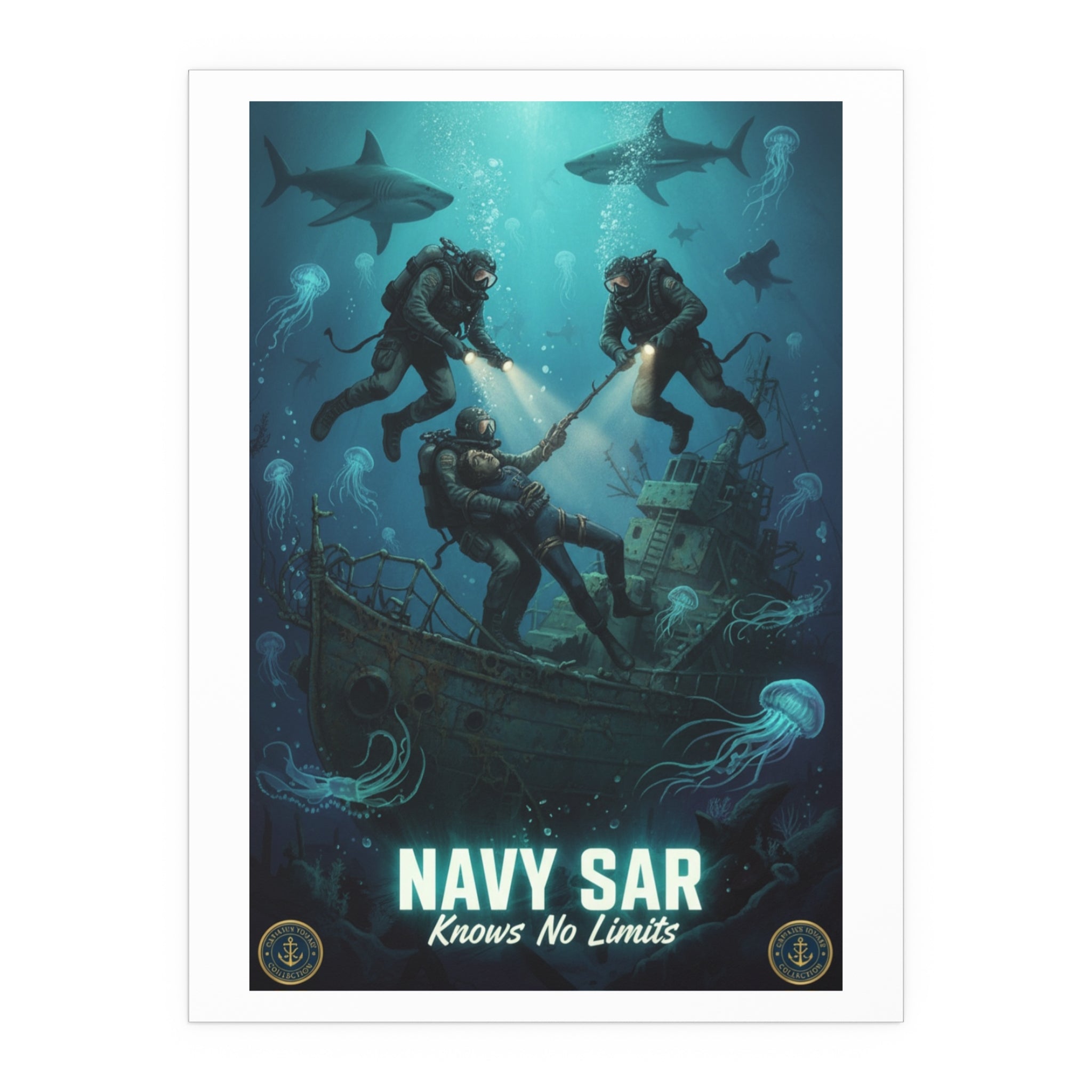 Navy SAR Silk Poster — 'Knows No Limits' Underwater Diver Rescue Art