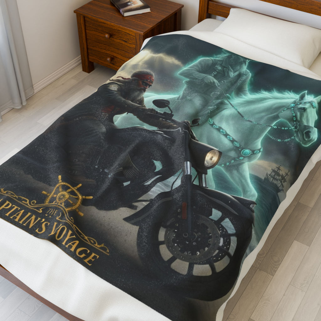 Captain's Voyage Velveteen Plush Blanket — Ghost Pirate Motorcycle Design