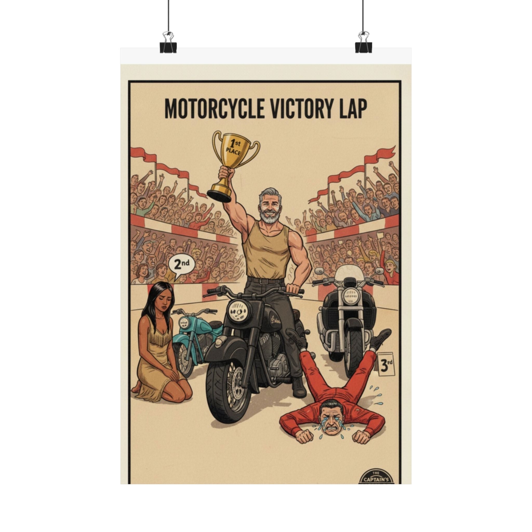 Motorcycle Victory Lap Poster — Retro Biker Triumph Matte Vertical Art